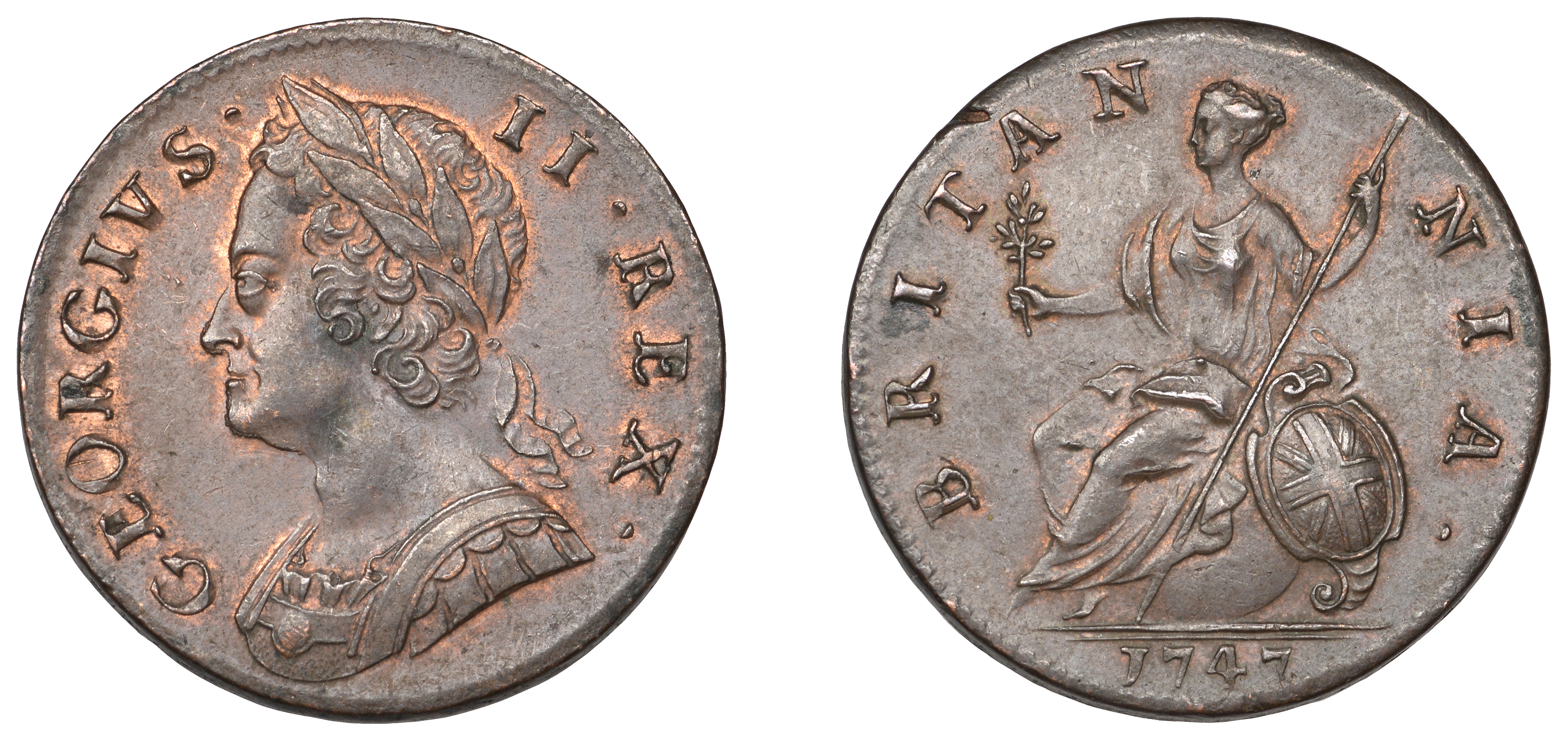 George II (1727-1760), Halfpenny, 1747 (BMC 877; S 3719). About extremely fine with traces o...