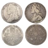 George II, Crowns (2), 1741 roses, 1743 roses (S 3687-8) [2]. Fair, first marked below bust...