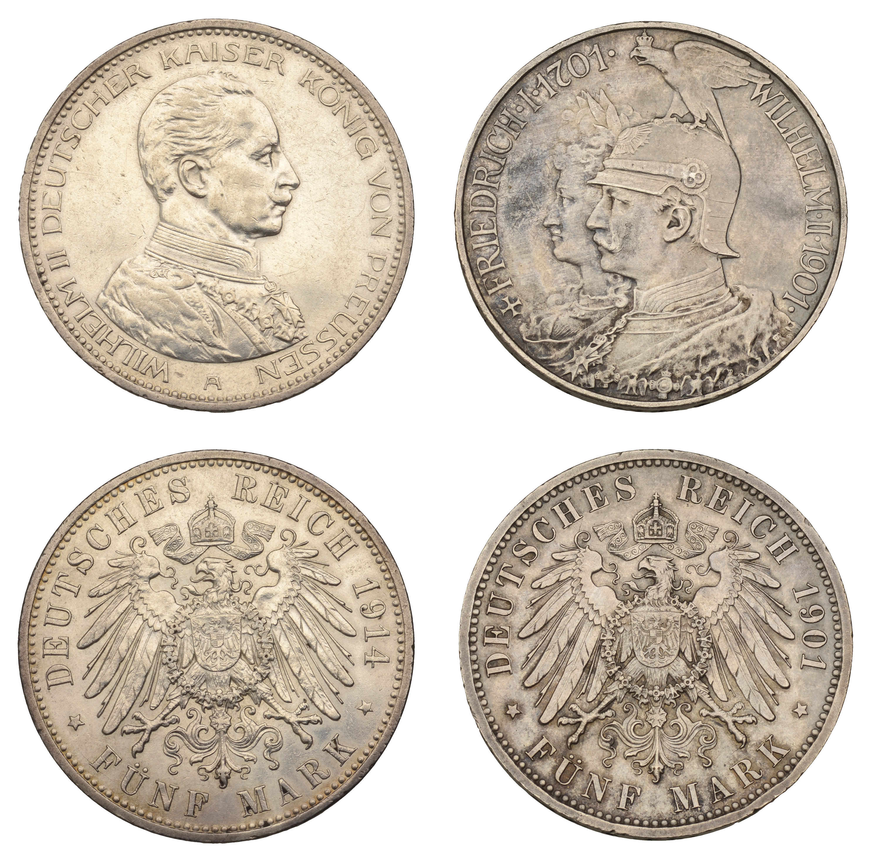 Germany, PRUSSIA, Wilhelm II, 5 Marks (2), 1901, 1914a (KM 526, 536) [2]. Both lightly clean...