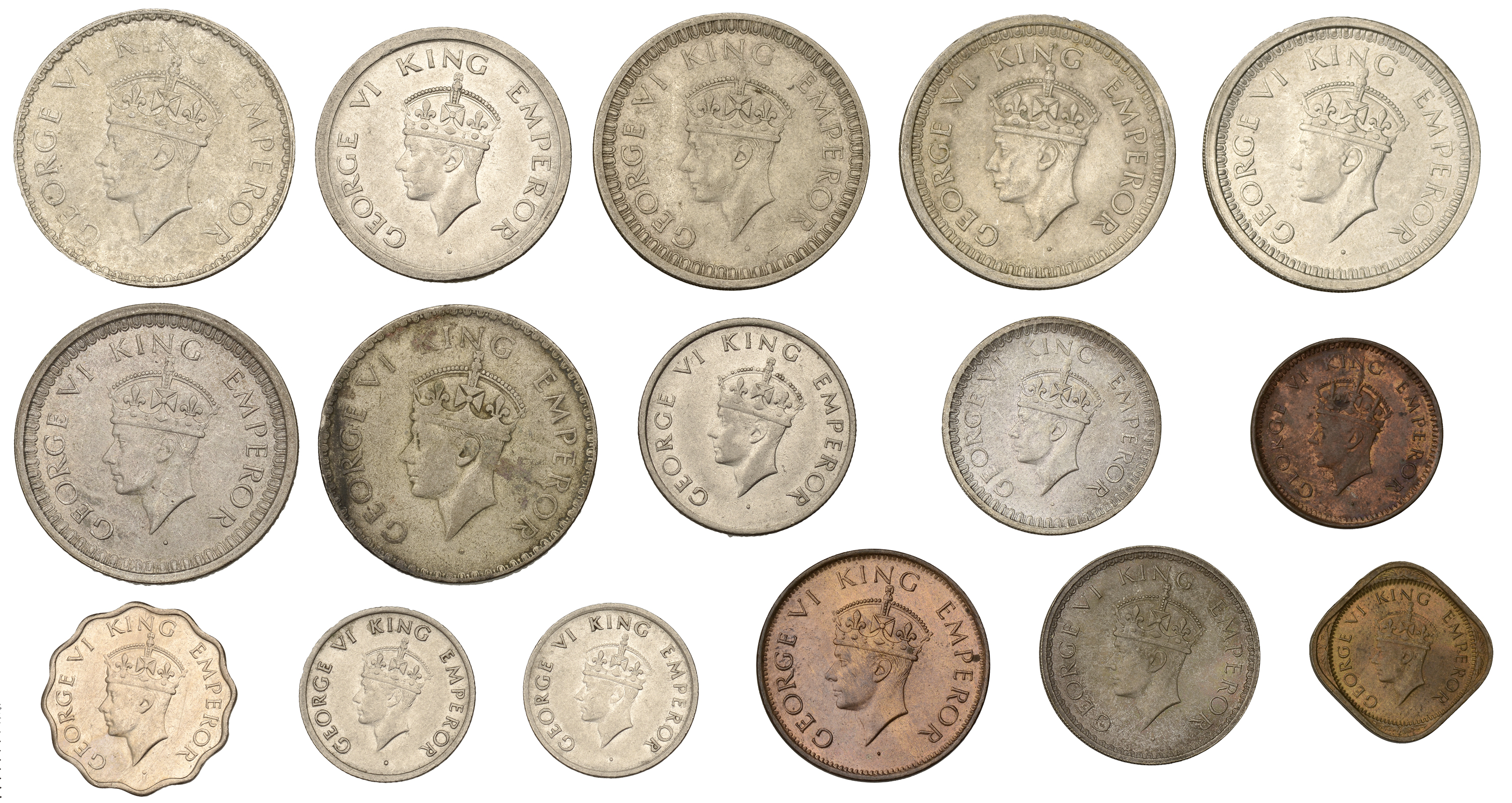 India, George VI, Rupees (7), 1940, 1941, 1942 (2), 1944, 1945, 1947; Half-Rupees (3), 1941,...