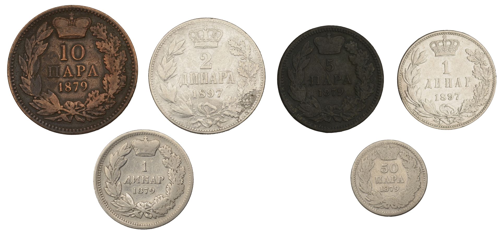 Serbia, Milan, Dinar, 50 Para, 10 Para and 5 Para, all 1879 (KM 7-10); Alexander I, 2 Dinara... - Image 2 of 2