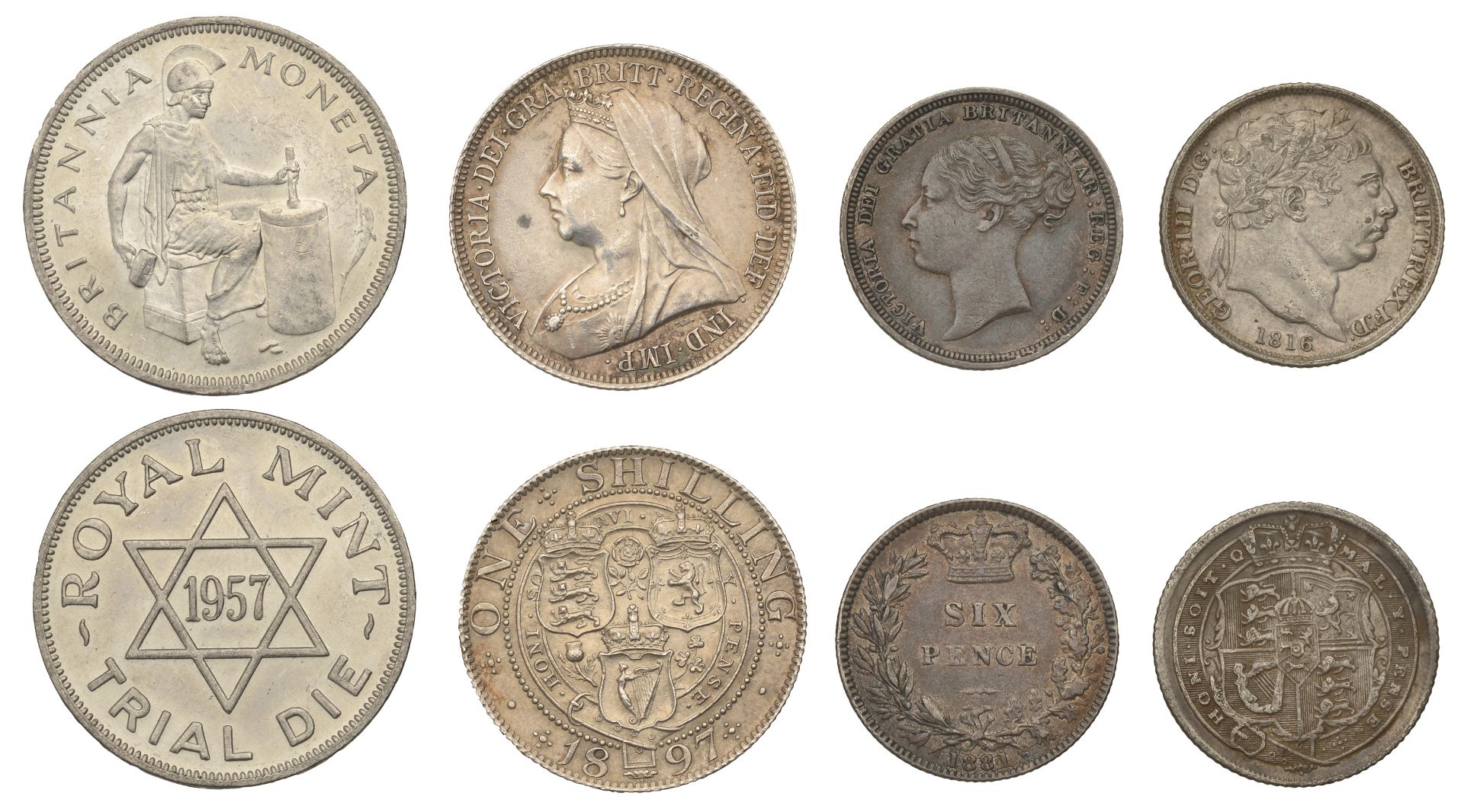George III, Sixpence, 1816 (S 3791); Victoria, Shilling, 1897 (S 3940A); Sixpence, 1881 (S 3...