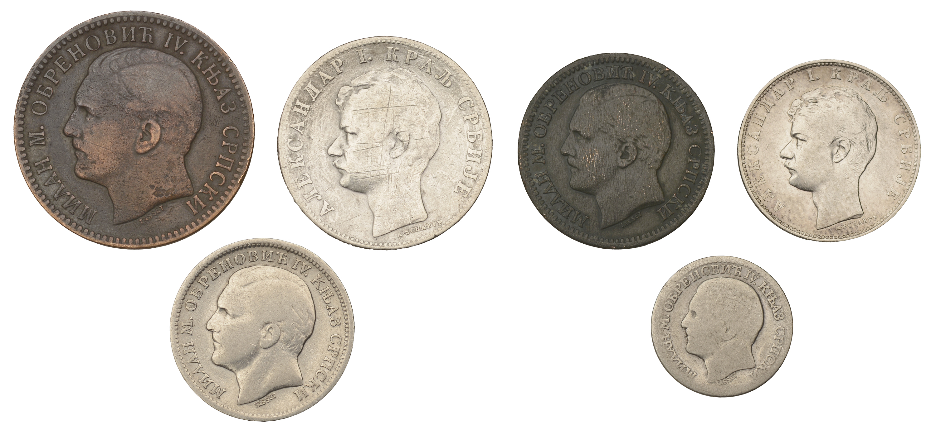 Serbia, Milan, Dinar, 50 Para, 10 Para and 5 Para, all 1879 (KM 7-10); Alexander I, 2 Dinara...