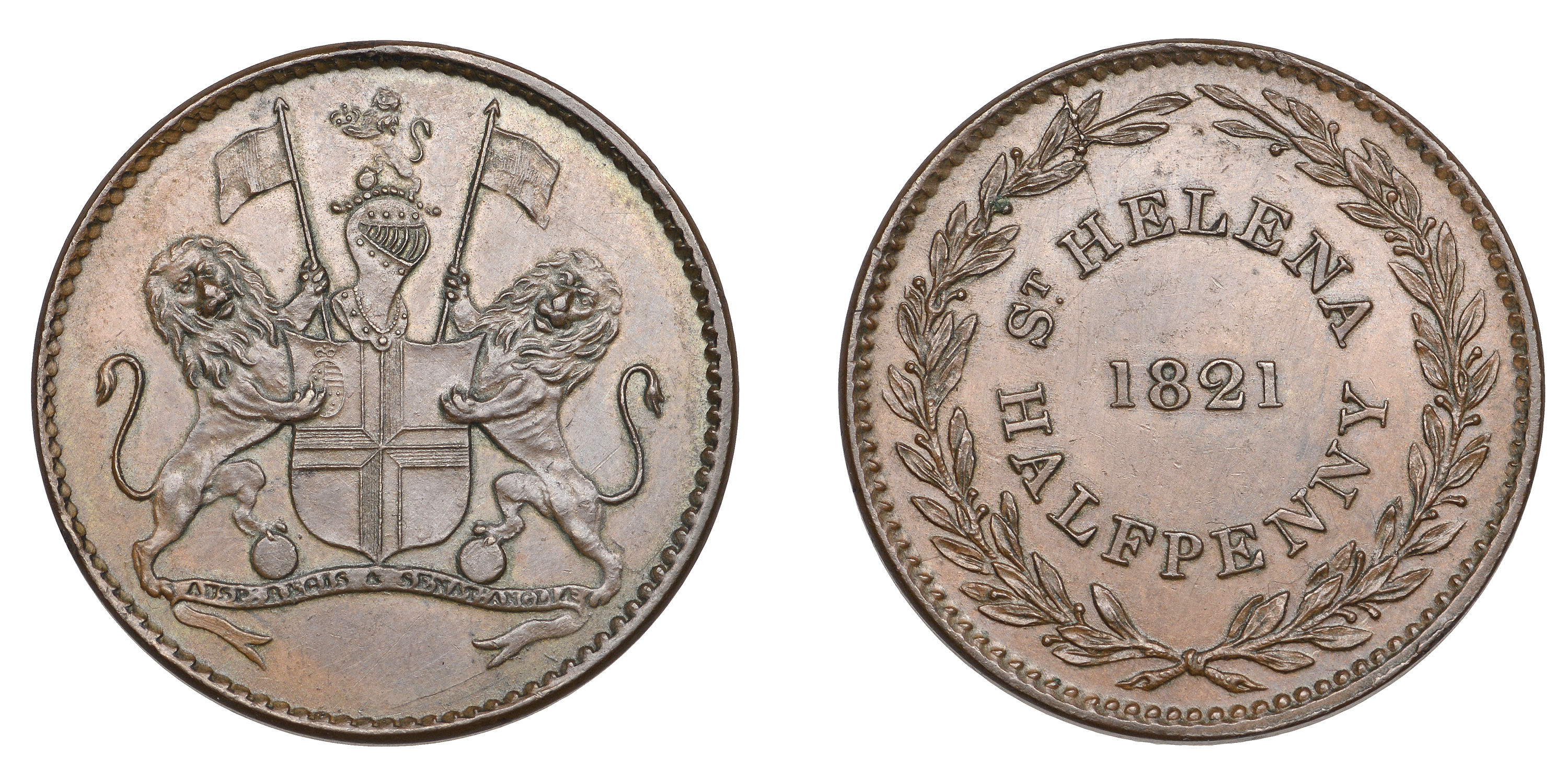 St Helena, EIC, Halfpenny, 1821 (Vice 3; KM A4). About extremely fine Â£60-Â£80