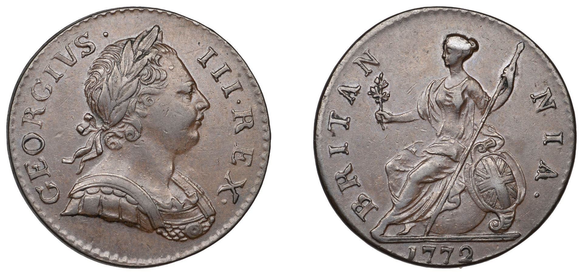 George III (1760-1820), Pre-1816 issues, Halfpenny, 1772 (BMC 902; S 3774). About extremely...