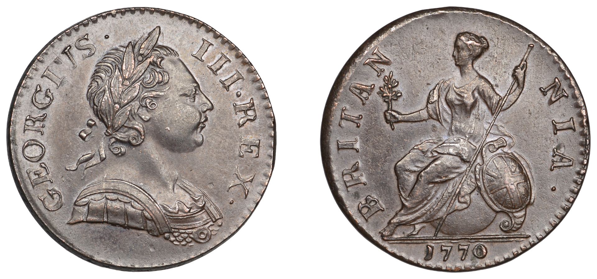 George III (1760-1820), Pre-1816 issues, Halfpenny, 1770 (BMC 893; S 3774). About extremely...