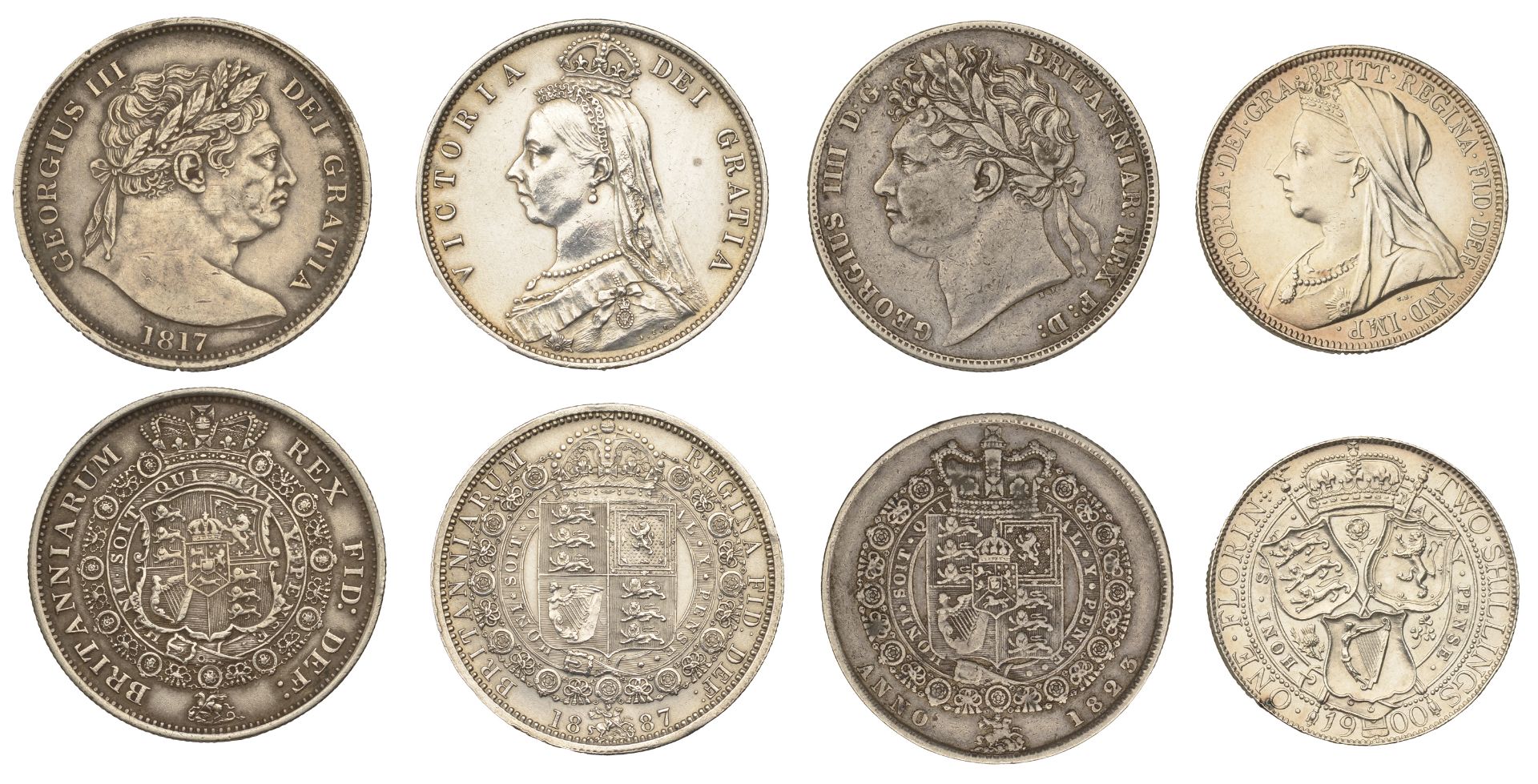 George III, Halfcrown, 1817, large head (S 3788); George IV, Halfcrown, 1823, type 2 (S 3808...