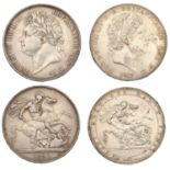 George III, Crown, 1819, edge lix (S 3787); George IV, Crown, 1821, edge secundo (S 3805) [2...