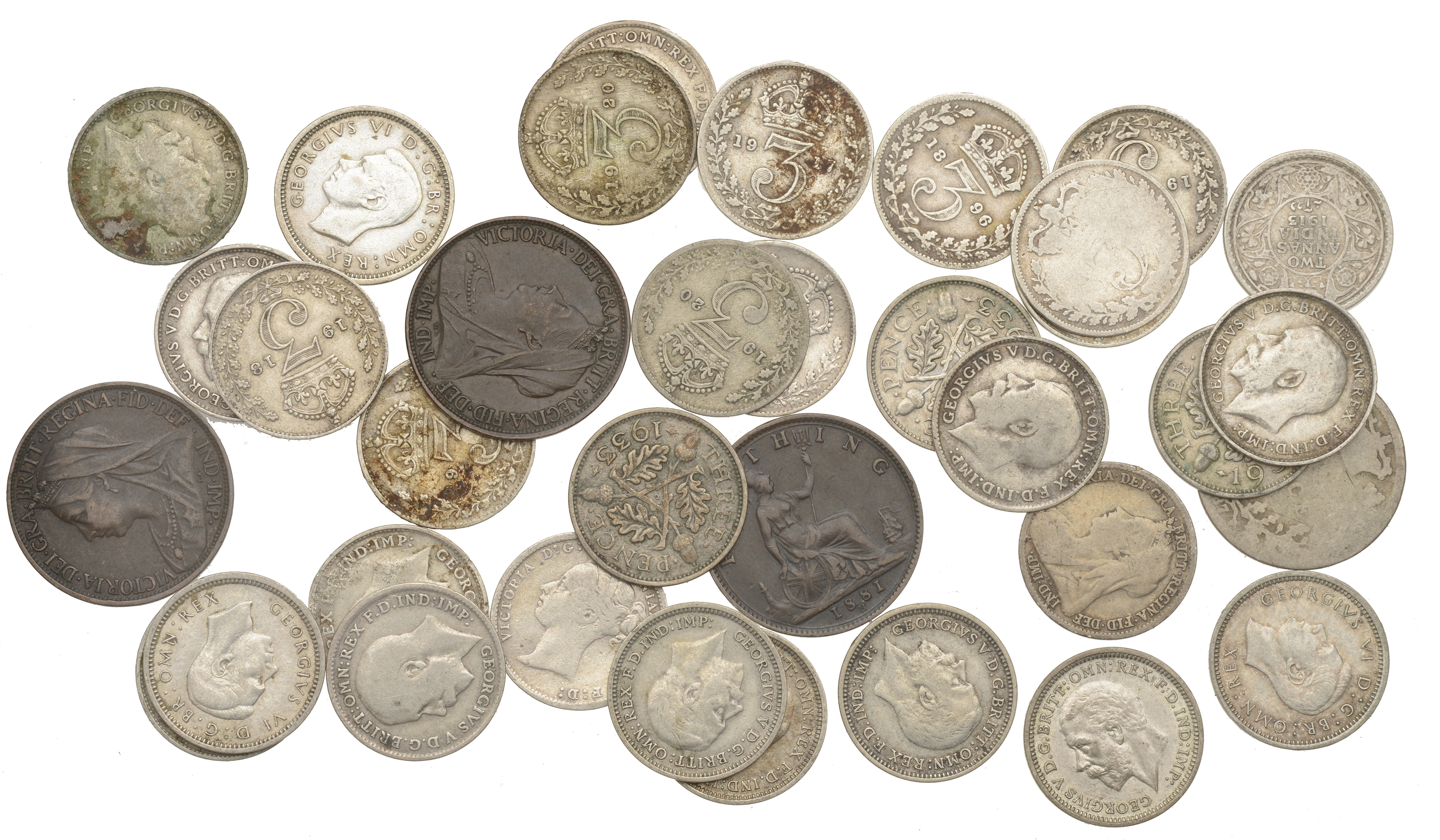 Victoria to George VI, Sixpence, Threepences (30), and Farthings (3); together with an India...