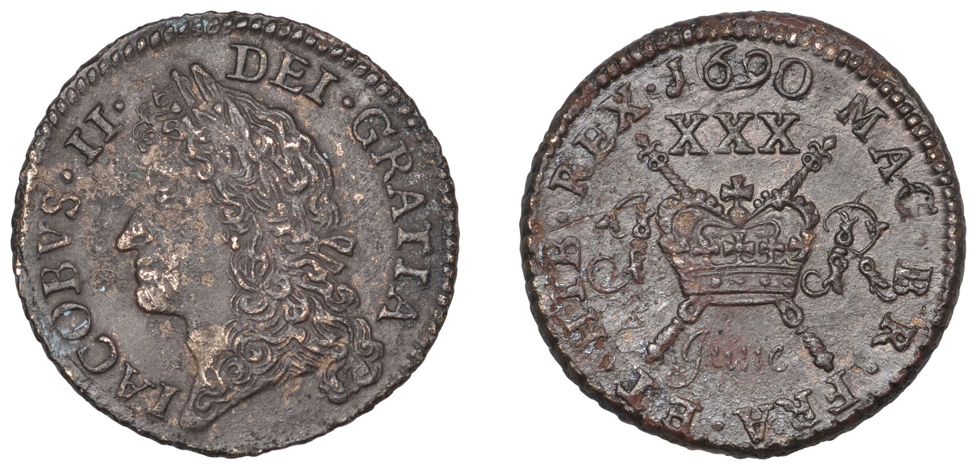 James II (1685-1691), Gunmoney coinage, Halfcrown, 1690 June, Limerick, 10.51g/12h (Withers...