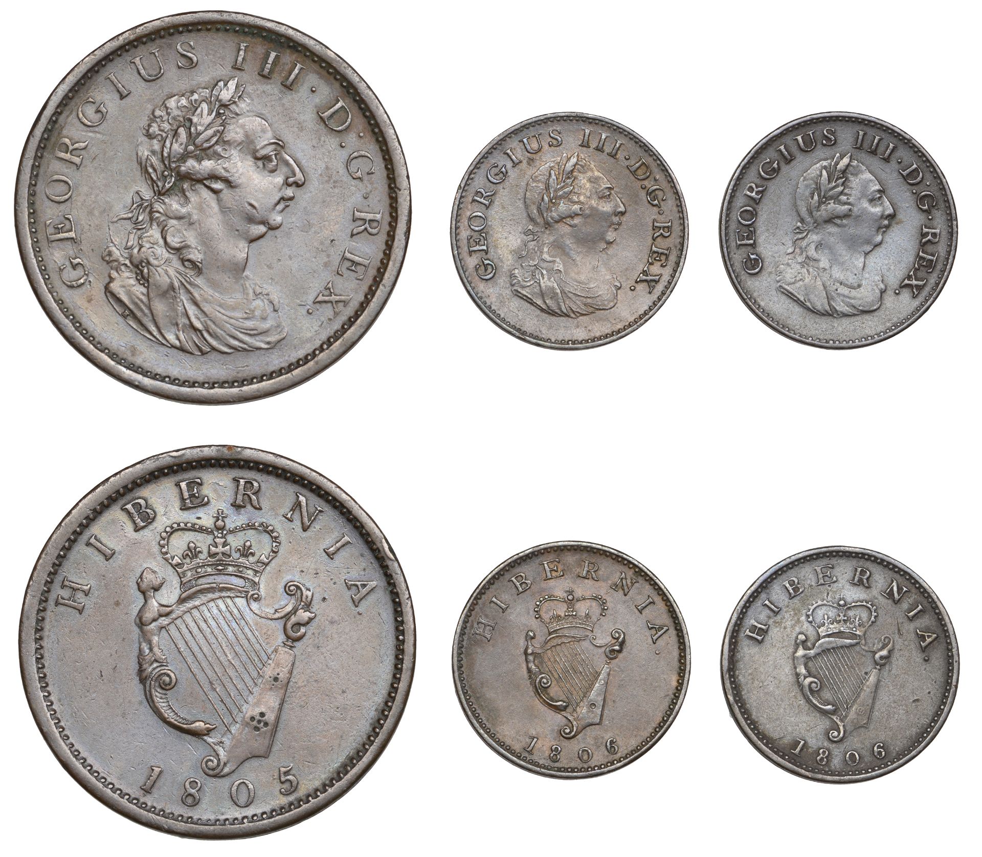 George III (1760-1820), Soho coinage, Penny, 1805, Farthings (2), both 1806 (S 6620, 6622) [...
