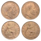 Edward VII, Pennies (2), 1904, 1905 (S 3990) [2]. Good extremely fine or better with full or...