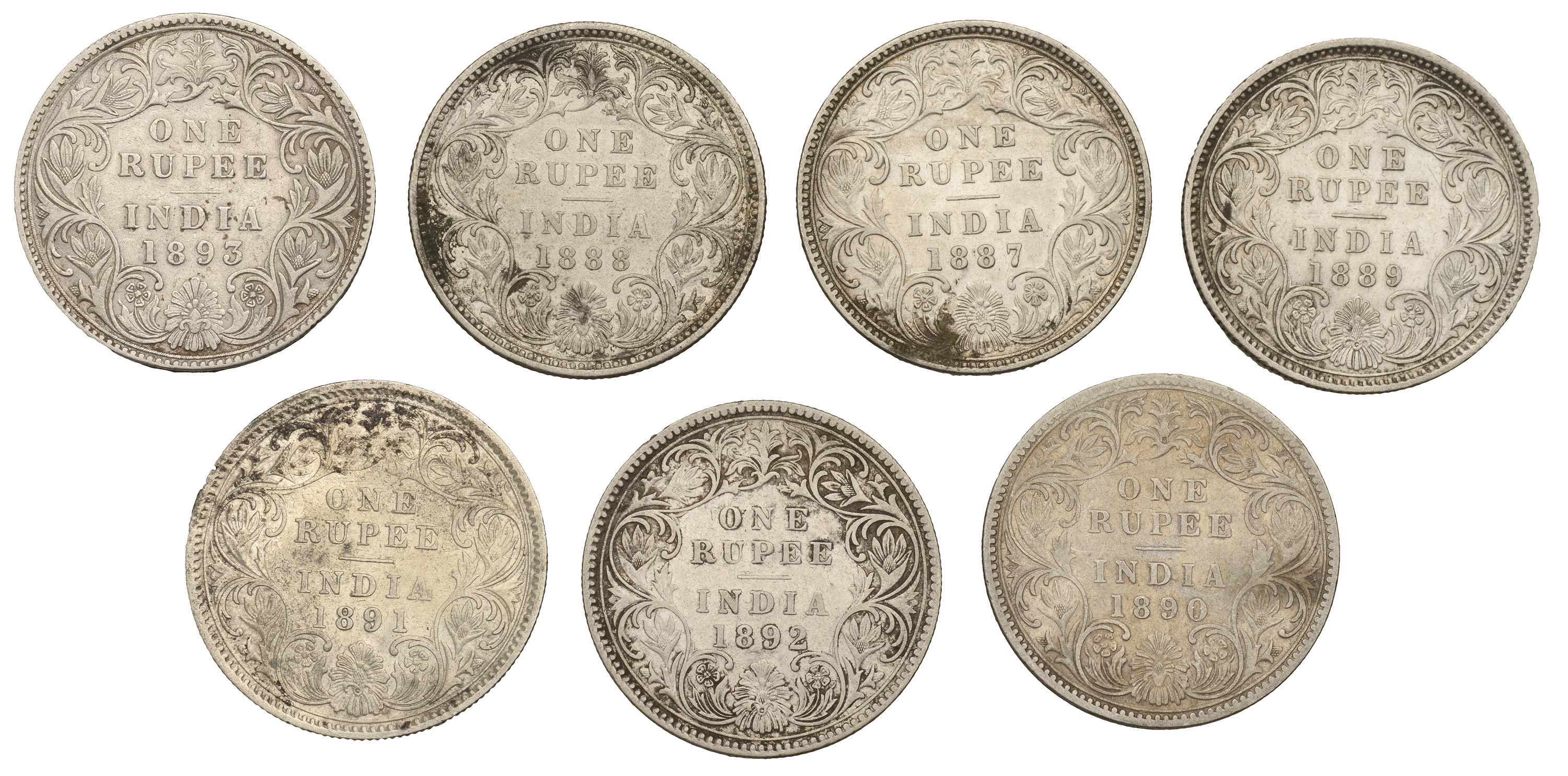 India, Victoria, Rupees (7), 1887b, 1888b, 1889c, 1890b, 1891c, 1892c, 1893b [7]. Varied sta... - Image 2 of 2