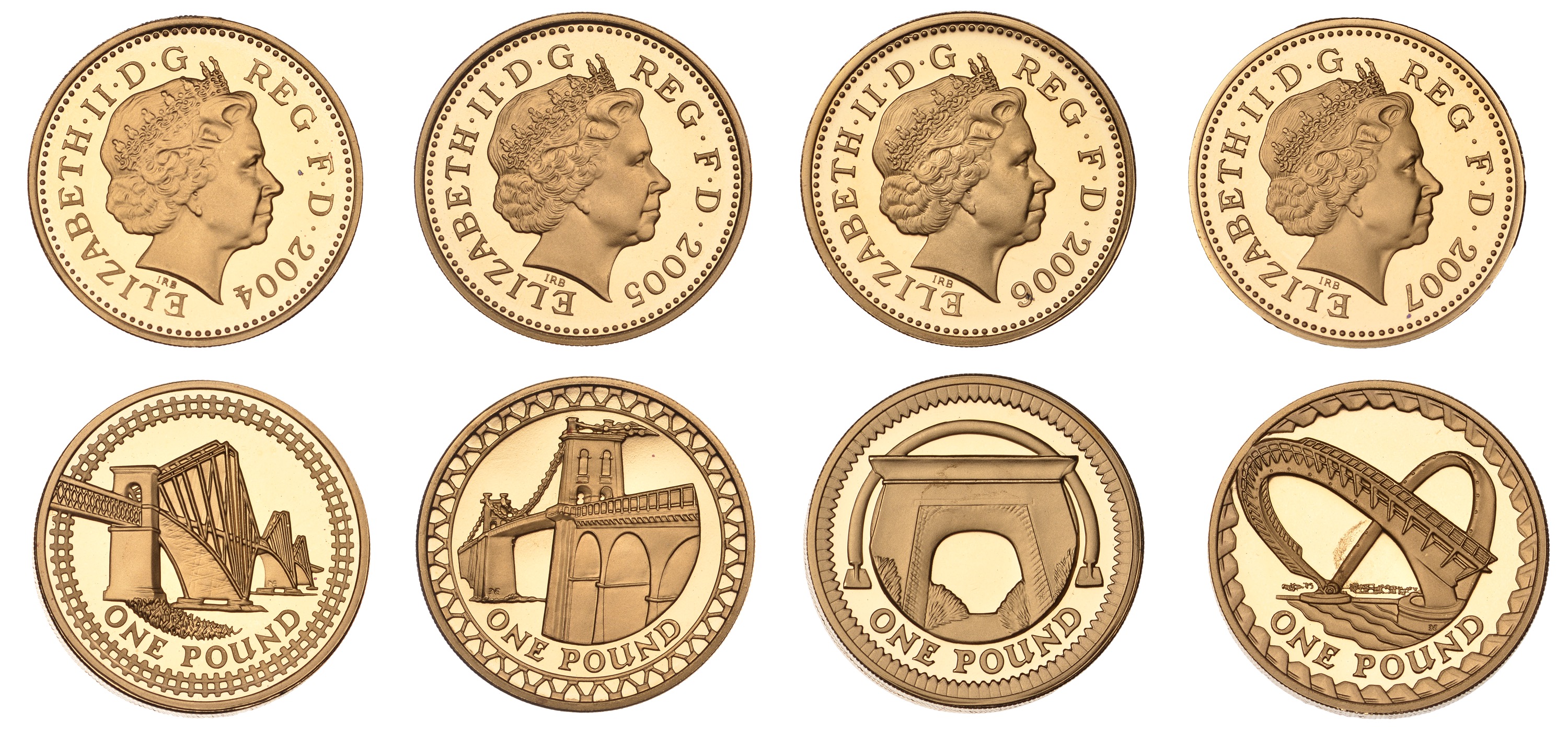 Elizabeth II (1952- ), Proof set, comprising One Pound (4) struck in gold, 2004-07 inclus...