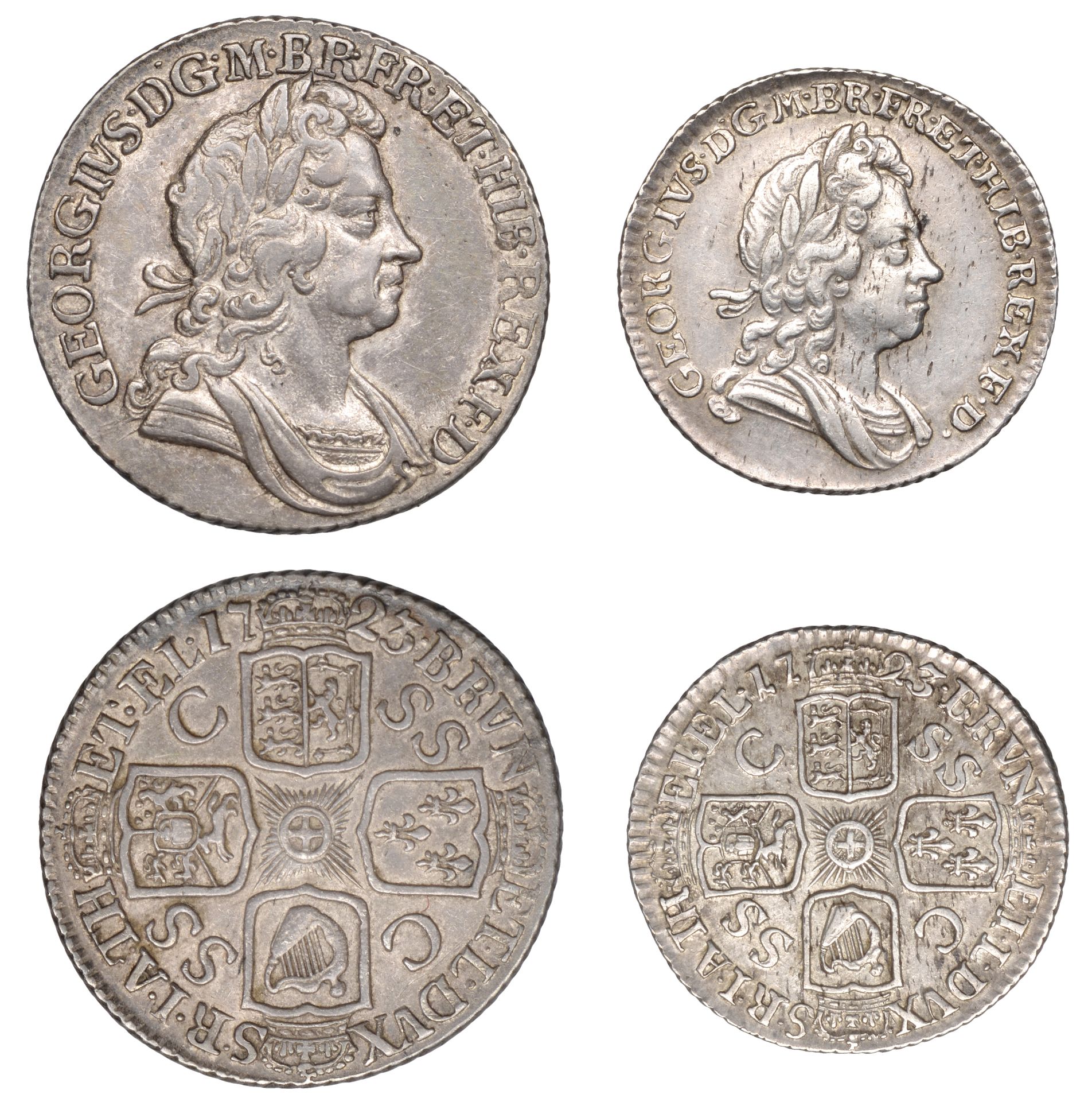 George I, Shilling and Sixpence, 1723 ssc (S 3648, 3652) [2]. Very fine and better Â£100-Â£150
