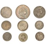 George III, Halfcrown, 1818, Eighteenpence, 1815, Shillings (2), 1787 no hearts, 1818, Sixpe...