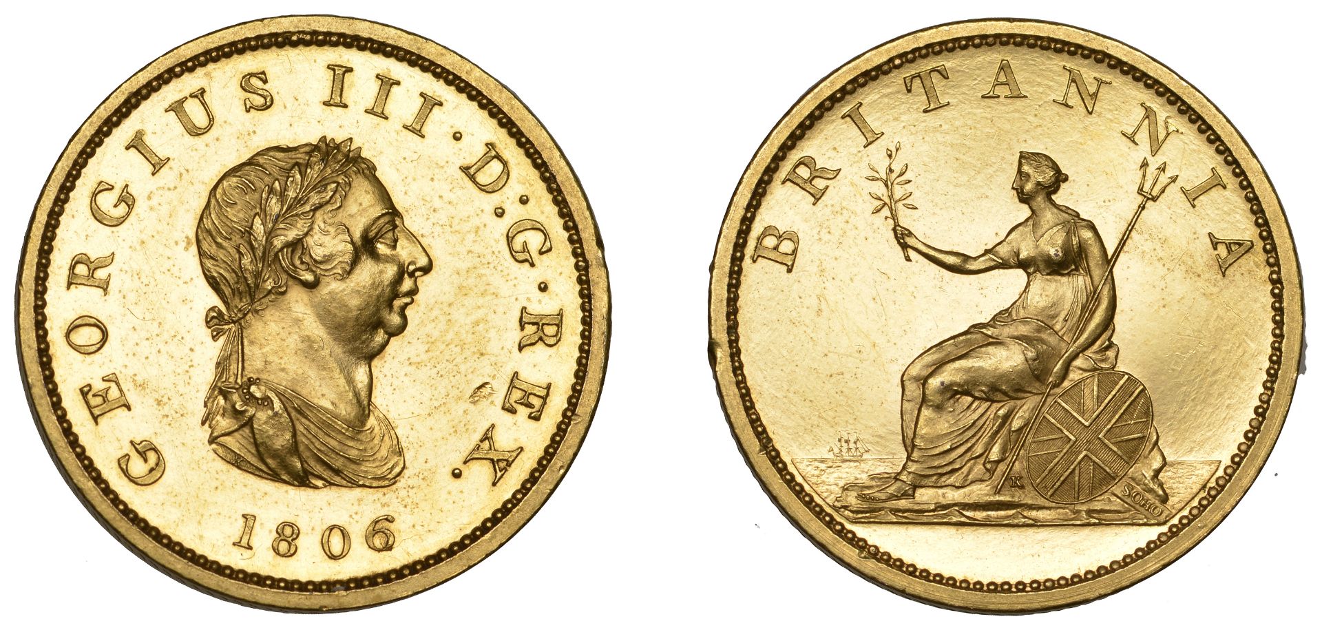 George III (1760-1820), Pre-1816 issues, Proof Halfpenny, 1806 (late Soho), in gilt-copper,...