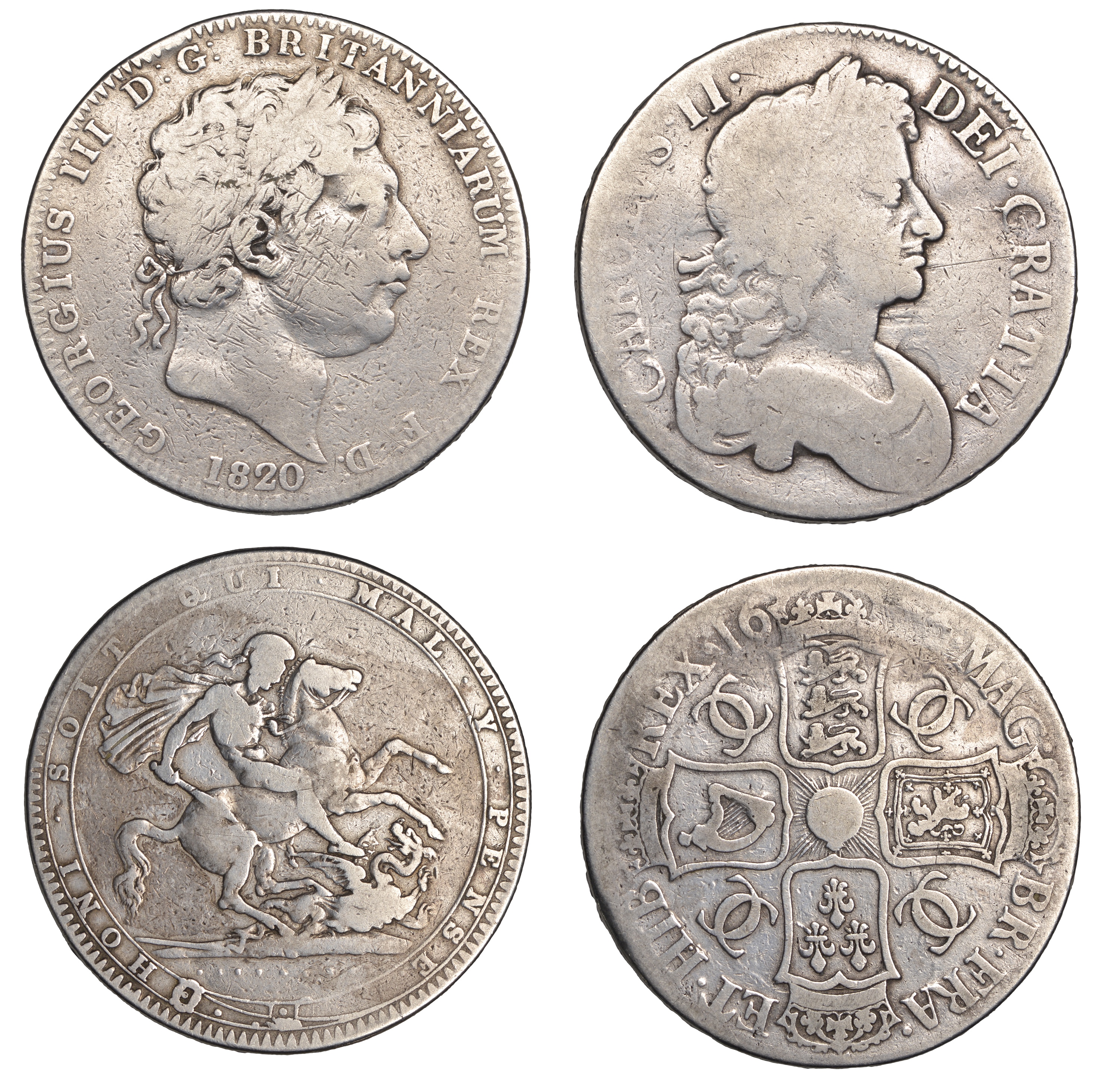 Charles II, Crown, 1676, edge vicesimo octavo (S 3358); George III, Crown, 1820, edge lx (S...