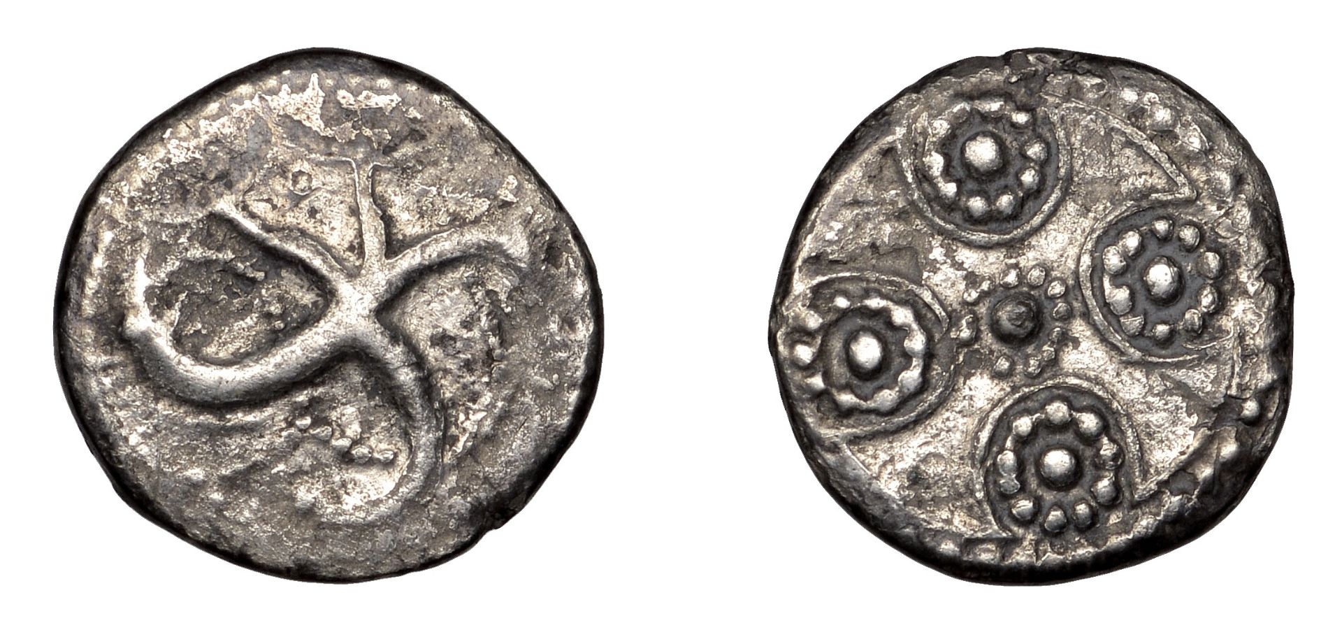 Early Anglo-Saxon Period, Sceatta, Secondary series H, type 39, stylised peacock right, rev....