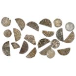 Assorted cut Halfpennies (14), various types; together with other English and European silve...