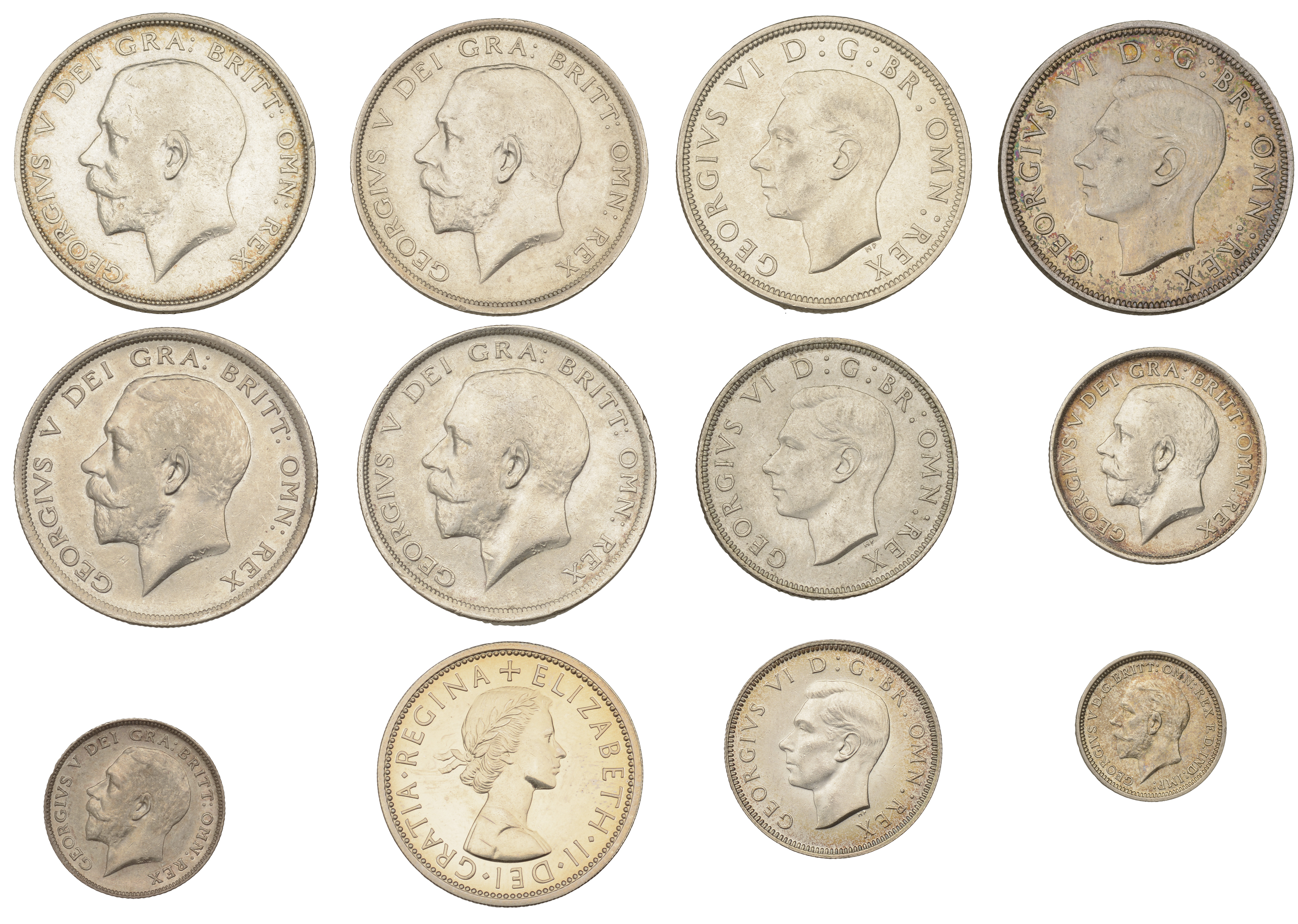 George V, Halfcrowns (4), 1914, 1916, 1918, 1919 (S 4011); Shilling, 1914 (S 4013); Sixpence...