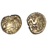 British Iron Age, BELGAE, Uninscribed series, Stater, British D (Cheriton Wheel), wreath, th...