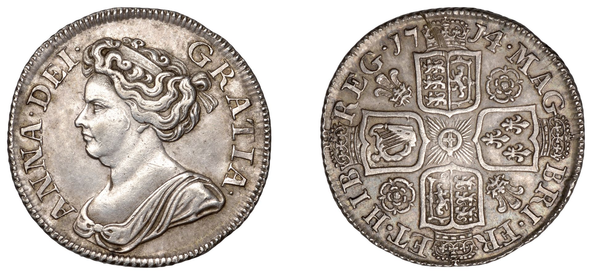 Anne (1702-1714), Shillling, 1714/3, roses and plumes (ESC 1413; S 3617). Lightly cleaned, o...