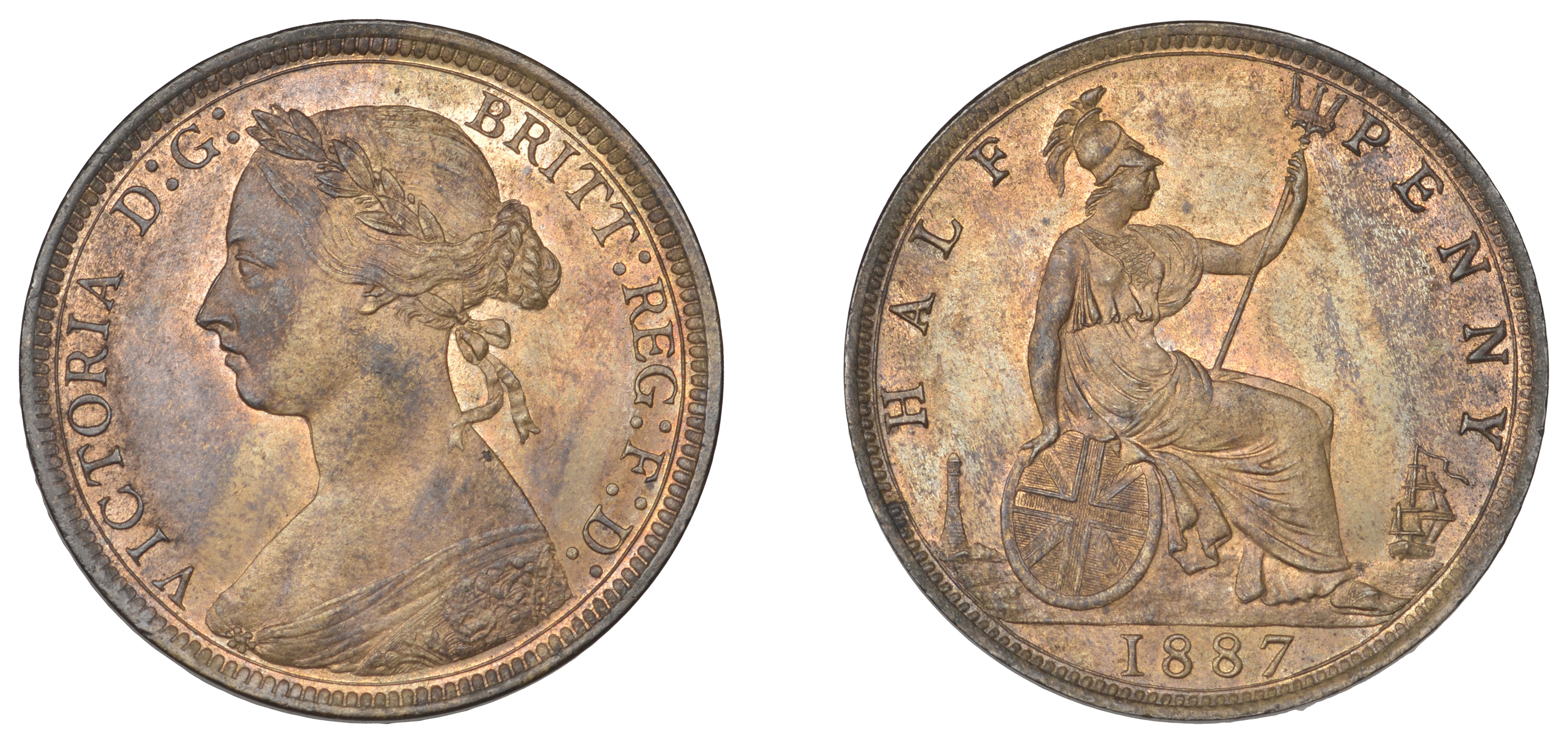 Victoria (1837-1901), Halfpenny, 1887 (F 358; BMC 1843; S 3956). Uneven toning, otherwise lu...