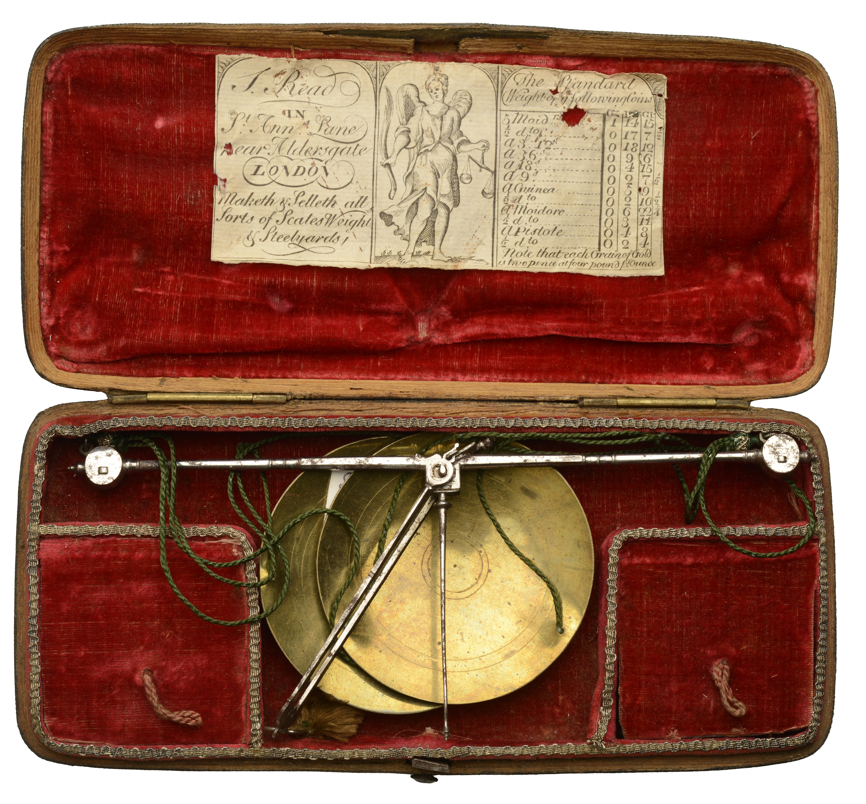 A set of coin scales and weights by Samuel Read, London, comprising a steel balance with bra...