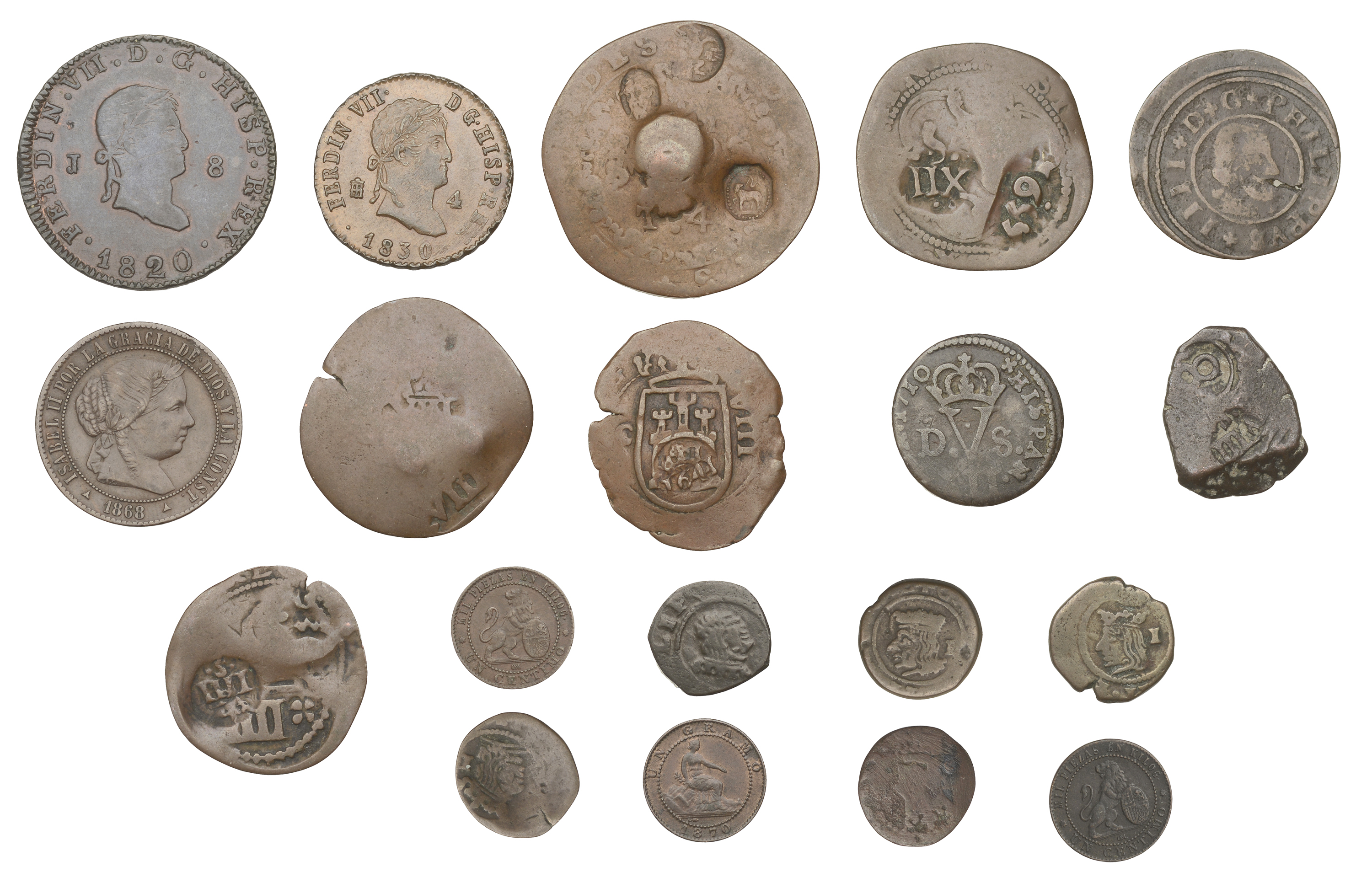 Spain, Assorted Spanish copper coins (18), various types, including countermarked issues; to...