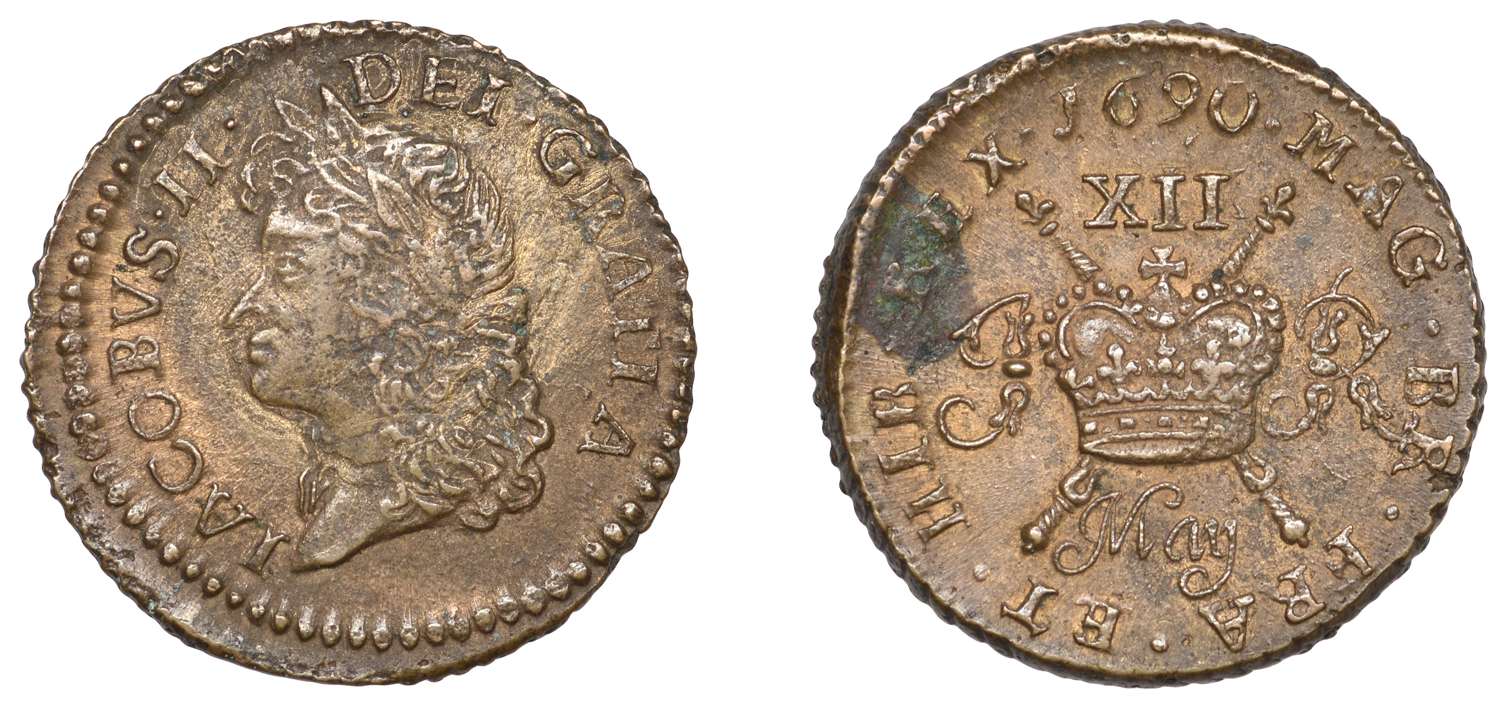 James II (1685-1691), Gunmoney coinage, Shilling, 1690 May, 5.67g/6h (Withers 47/42; S 6582D...