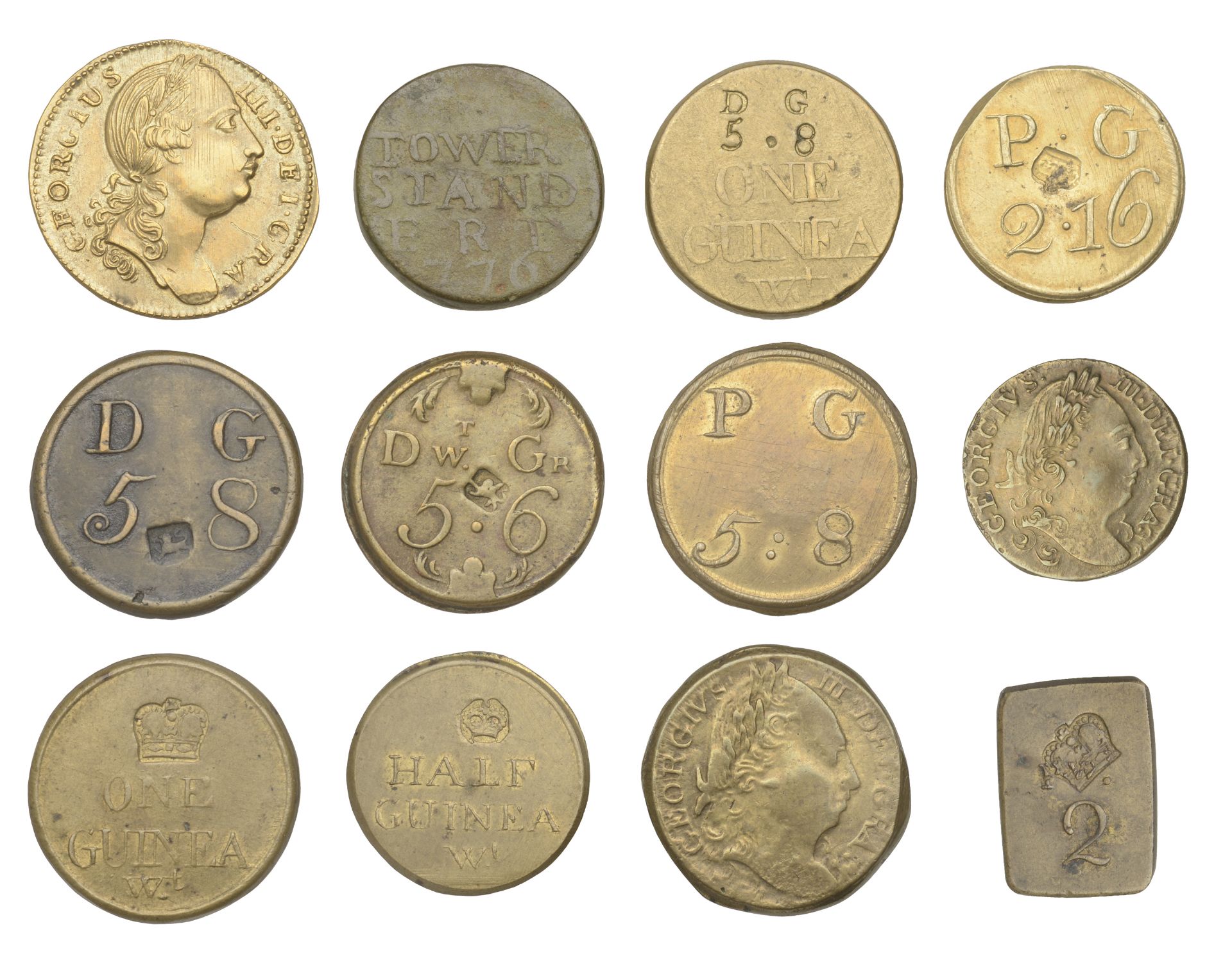 Coin weights: George III, Guinea (W 1893D), Half-Guineas (2, W 1893G, 1899H), Pre-1772 serie...