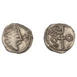 Early Anglo-Saxon Period, Sceatta, Secondary series J, type 84, diademed head right, rev. bi...