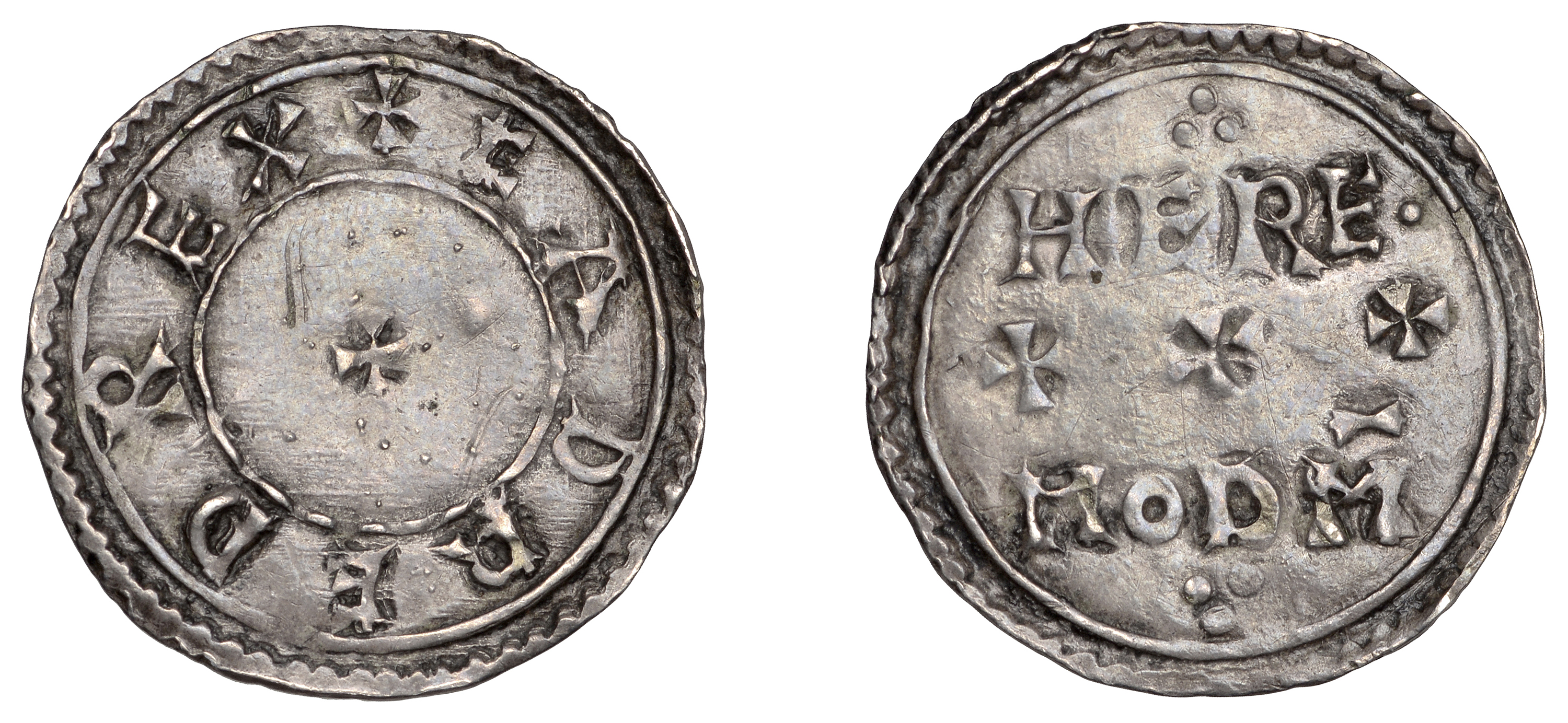 Eadred (946-955), Penny, Two Line type [HT 1], Heremod, eadred rex, small cross, rev. here m...