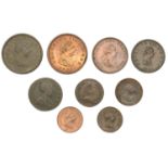 George III, Pennies (2), 1806 (S 3780); Halfpennies (2), 1799, 1806 (S 3778, 3781); Farthing...