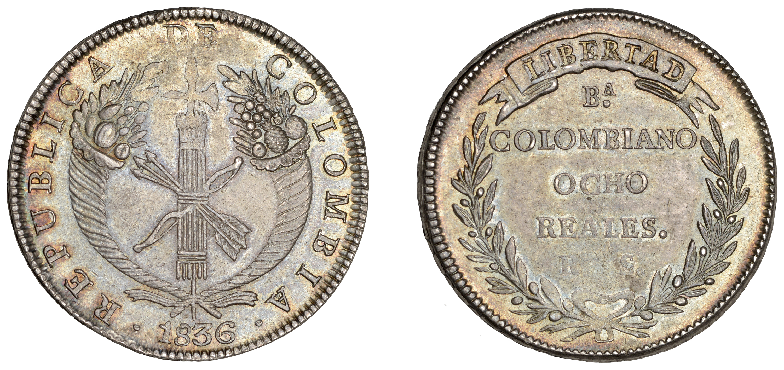 Colombia, Republic, 8 Reales, 1836rs, BogotÃ¡ (KM 89). Extremely fine with some toning [slabb...