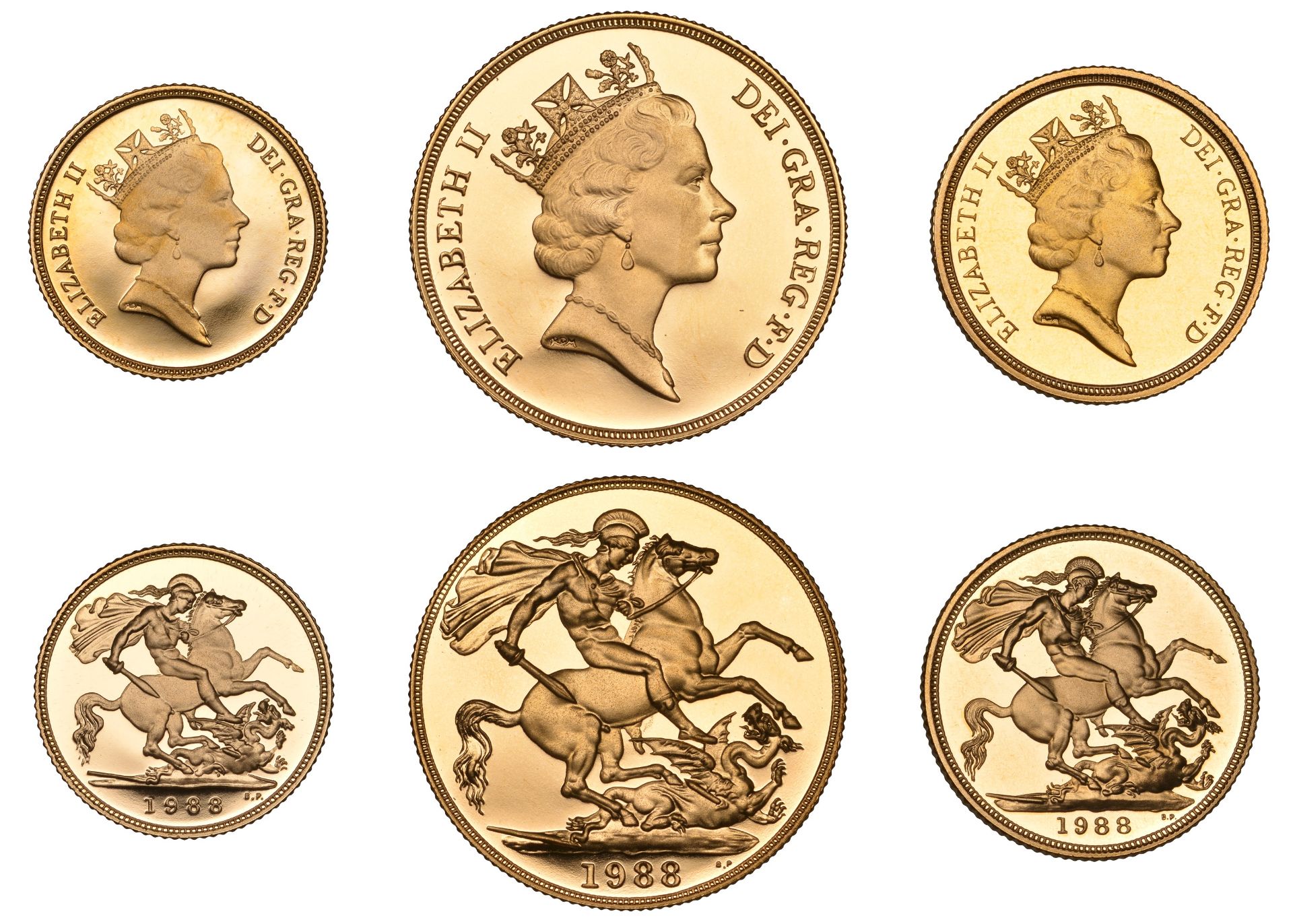 Elizabeth II (1952-2022), Proof set, 1988, comprising gold Two Pounds, Sovereign and Half-So...