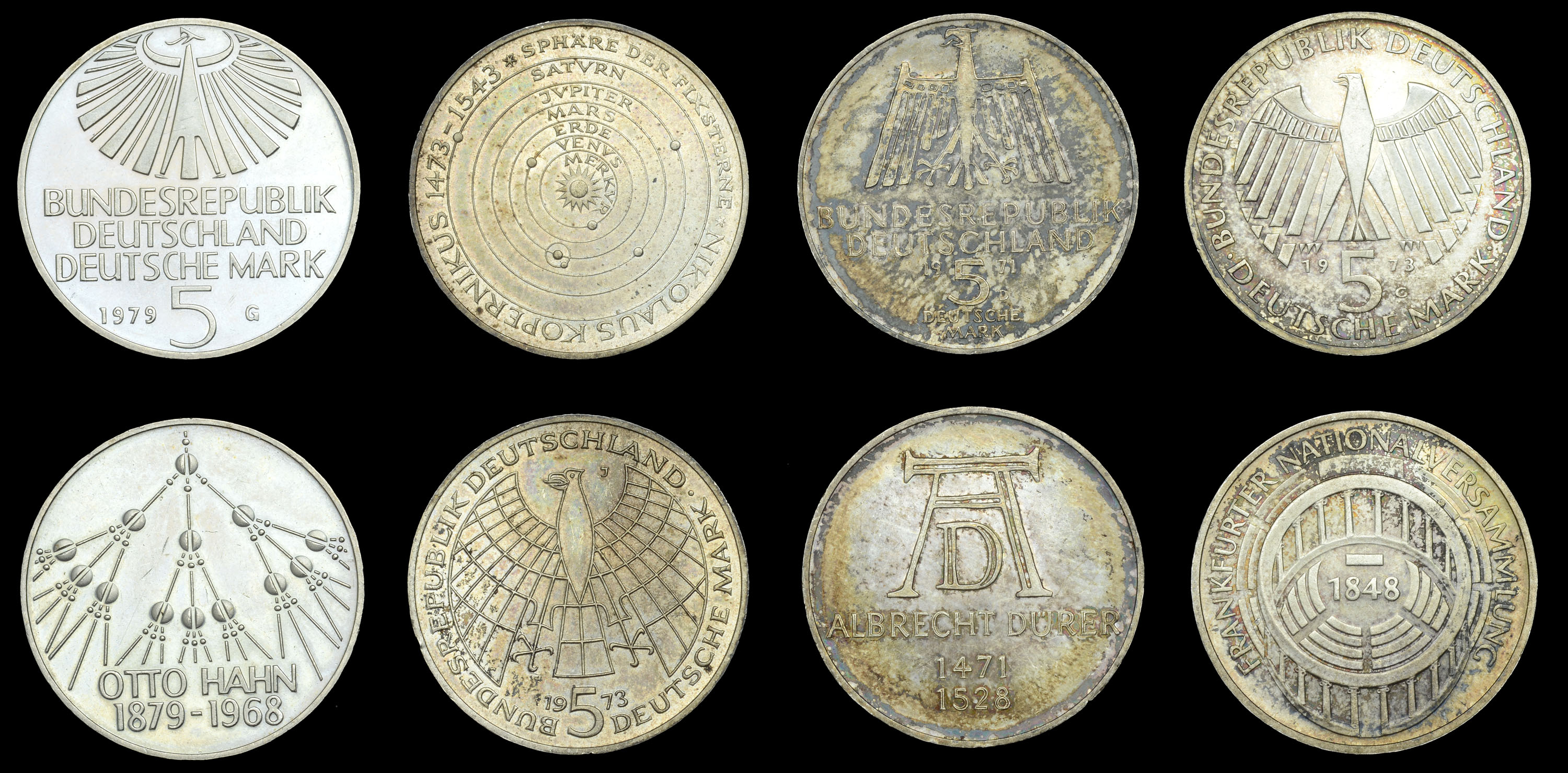 Germany, Federal Republic, 5 Marks (4), 1971d DÃ¼rer, 1973g Parliament, 1973j Copernicus, 197...