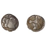 British Iron Age, BELGAE, Uninscribed series, silver Unit, Hayling Moon Head type, head righ...
