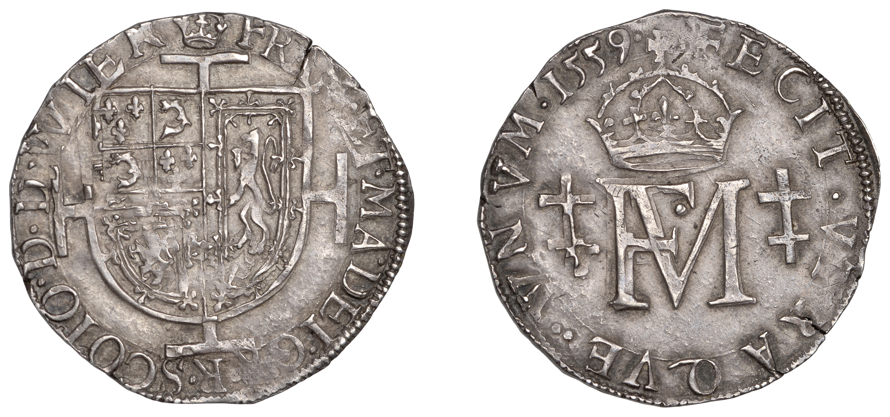 Mary (1542-1567), Second period (with Francis), Testoon, 1559, type I, 6.06g/6h (SCBI 58, 99...