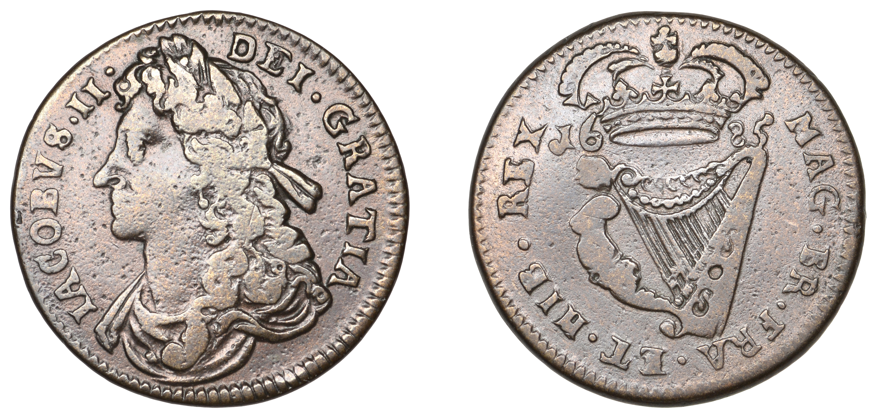 James II (1685-1691), Halfpenny, 1685, 7.26g/12h (S 6576). Good fine Â£80-Â£100