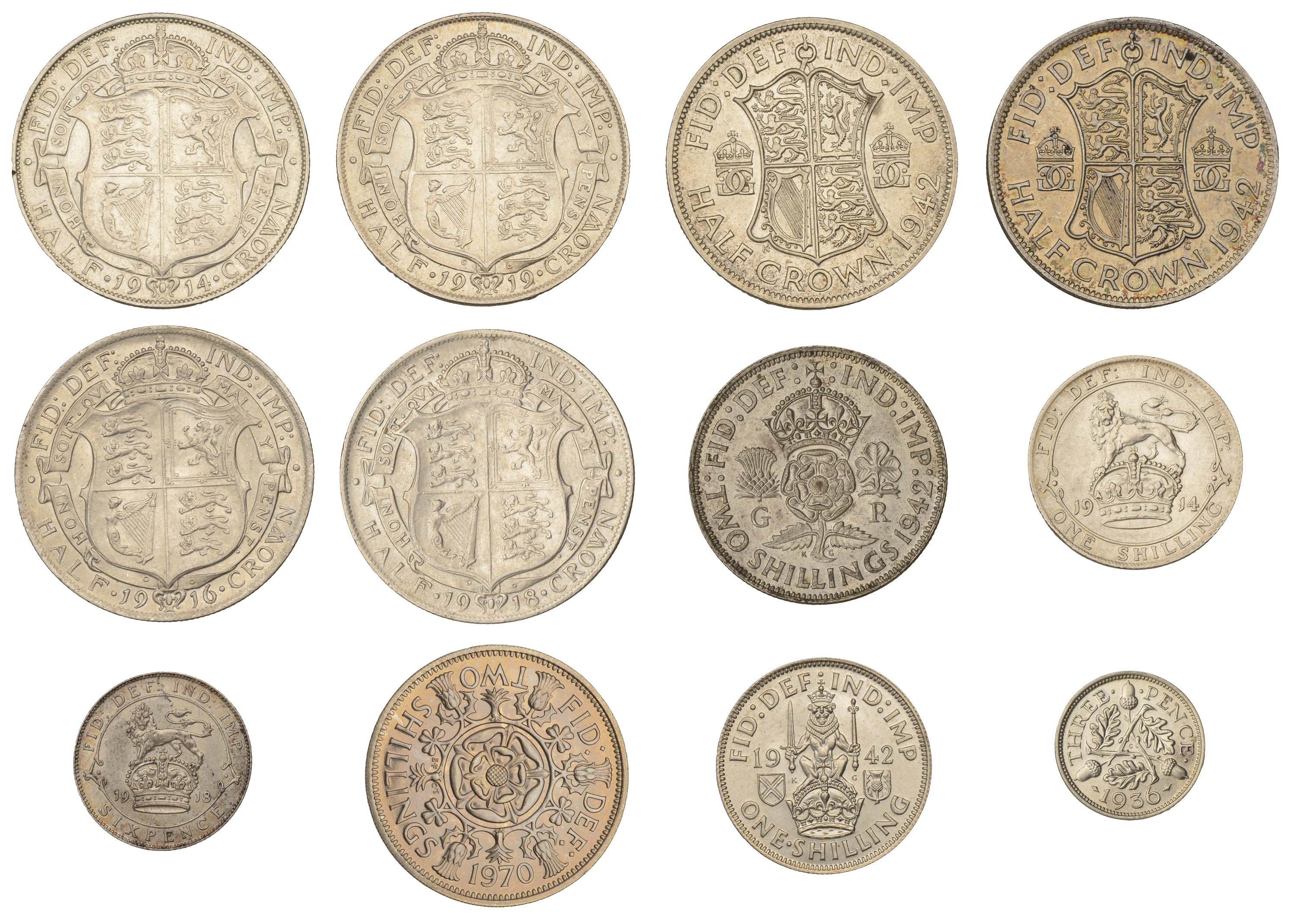 George V, Halfcrowns (4), 1914, 1916, 1918, 1919 (S 4011); Shilling, 1914 (S 4013); Sixpence... - Image 2 of 2