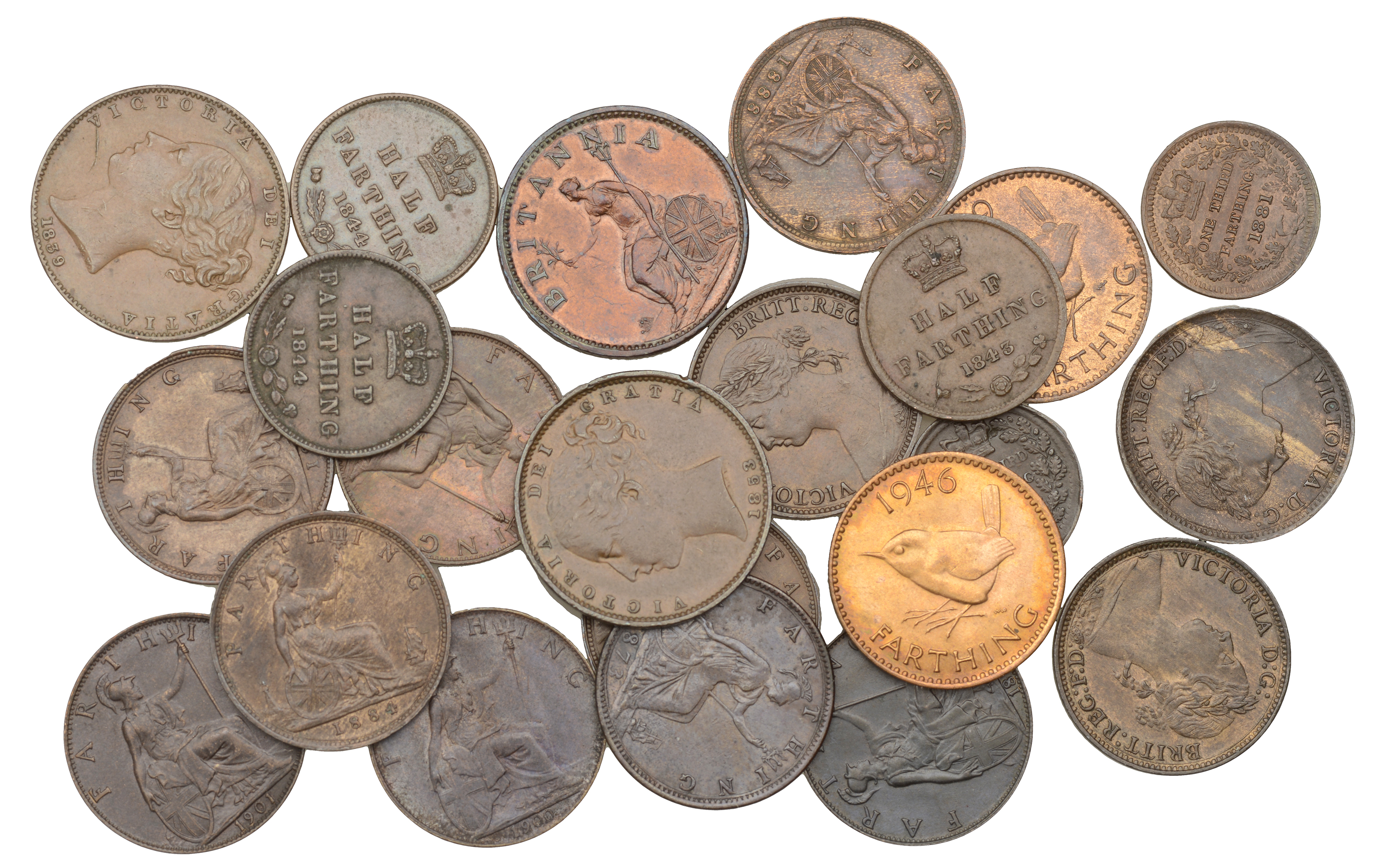 George III, Farthing, 1806 (S 3782); Victoria, Farthings (14), 1839, 1853, 1873, 1882h, 1884...