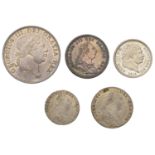 George III, Three Shillings, 1813, Eighteenpence, 1811, Shillings (2), 1787 no hearts, 1816,...