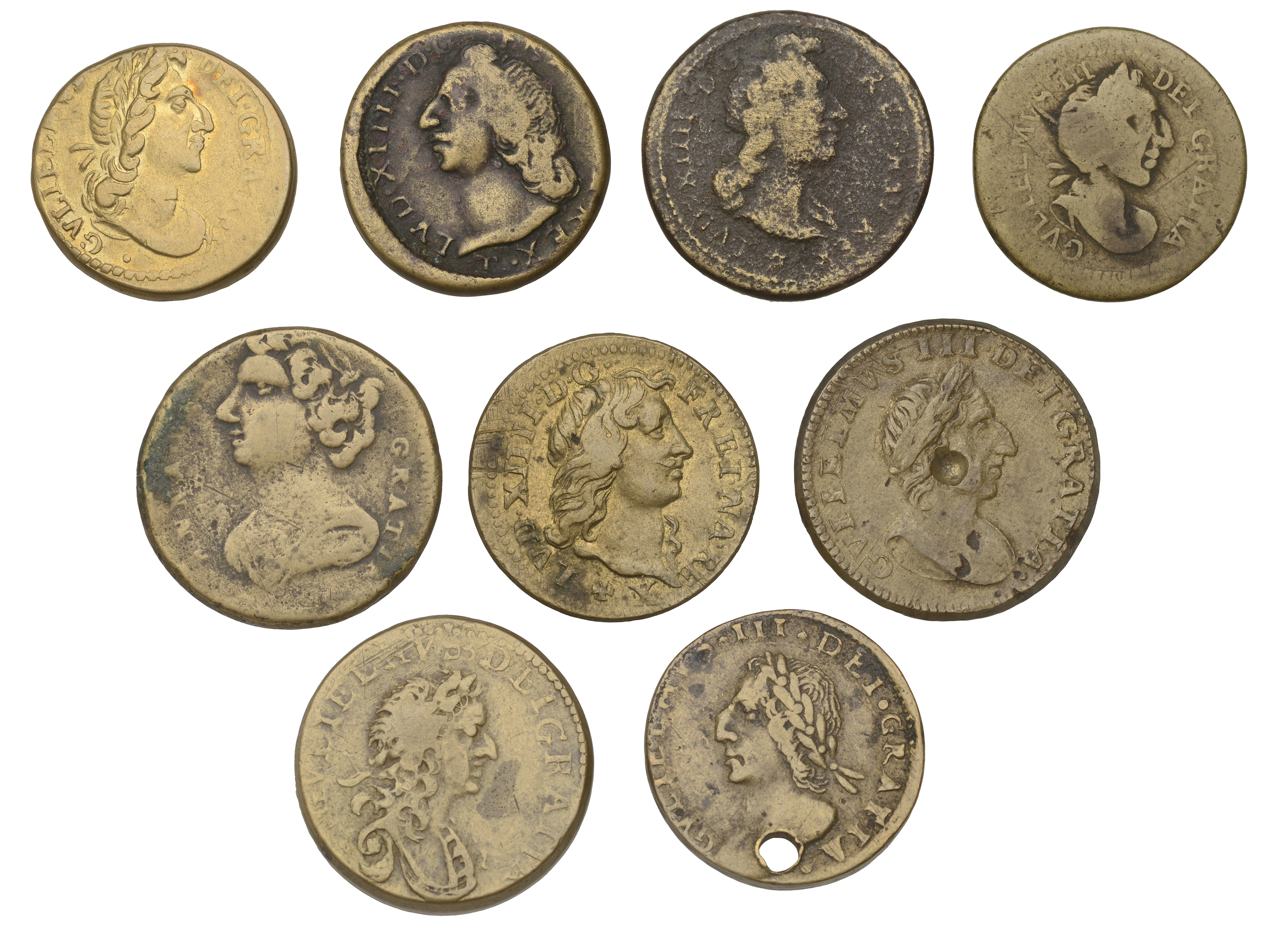 Coin weights: William III, Guineas (3, W 1200, 1212, 1218), Half-Guineas (2, W 1229, 1242);...