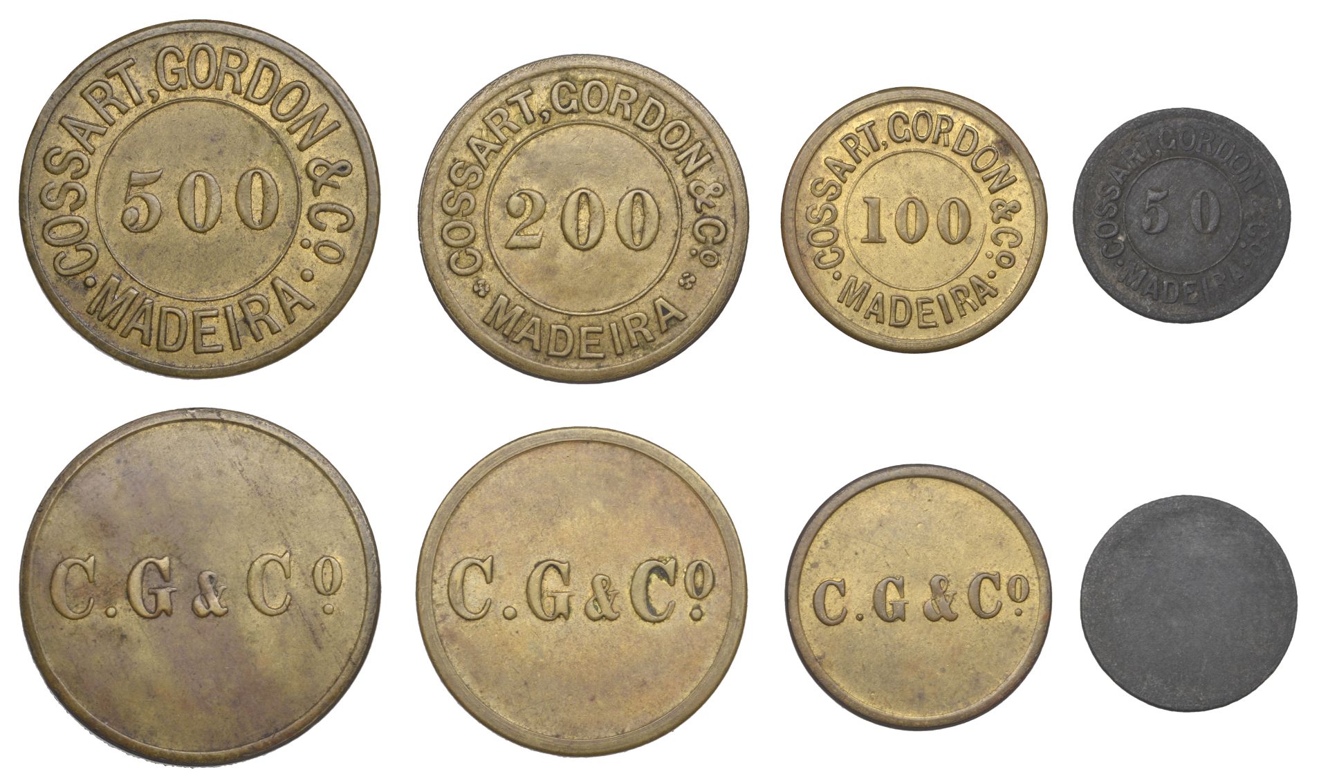 Madeira, Cossart, Gordon & Co., brass 500 RÃ©is, 200 RÃ©is and 100 RÃ©is, and white metal 50 RÃ©...