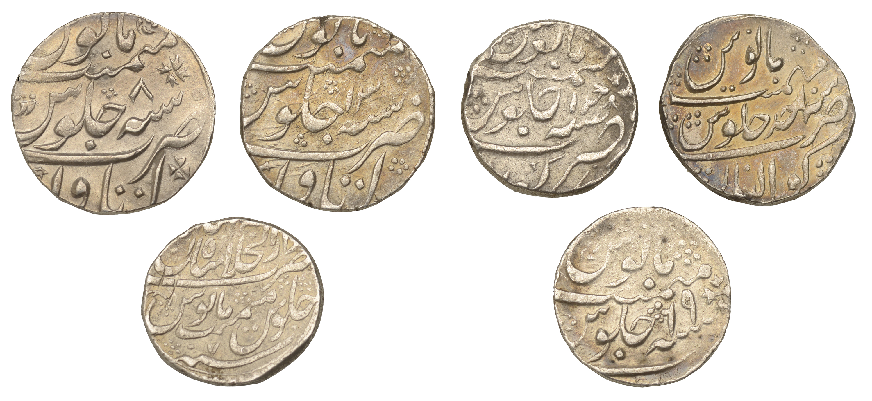 India, MUGHAL, Muhammad Shah, Rupees (6), Gwalior 113xh/1, Itawa 113xh/8, 114xh/13, Kora 11x... - Image 2 of 2