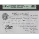 Bank of England, Kenneth O. Peppiatt, Â£5, 29 January 1945, serial number H28 075029, in PMG...