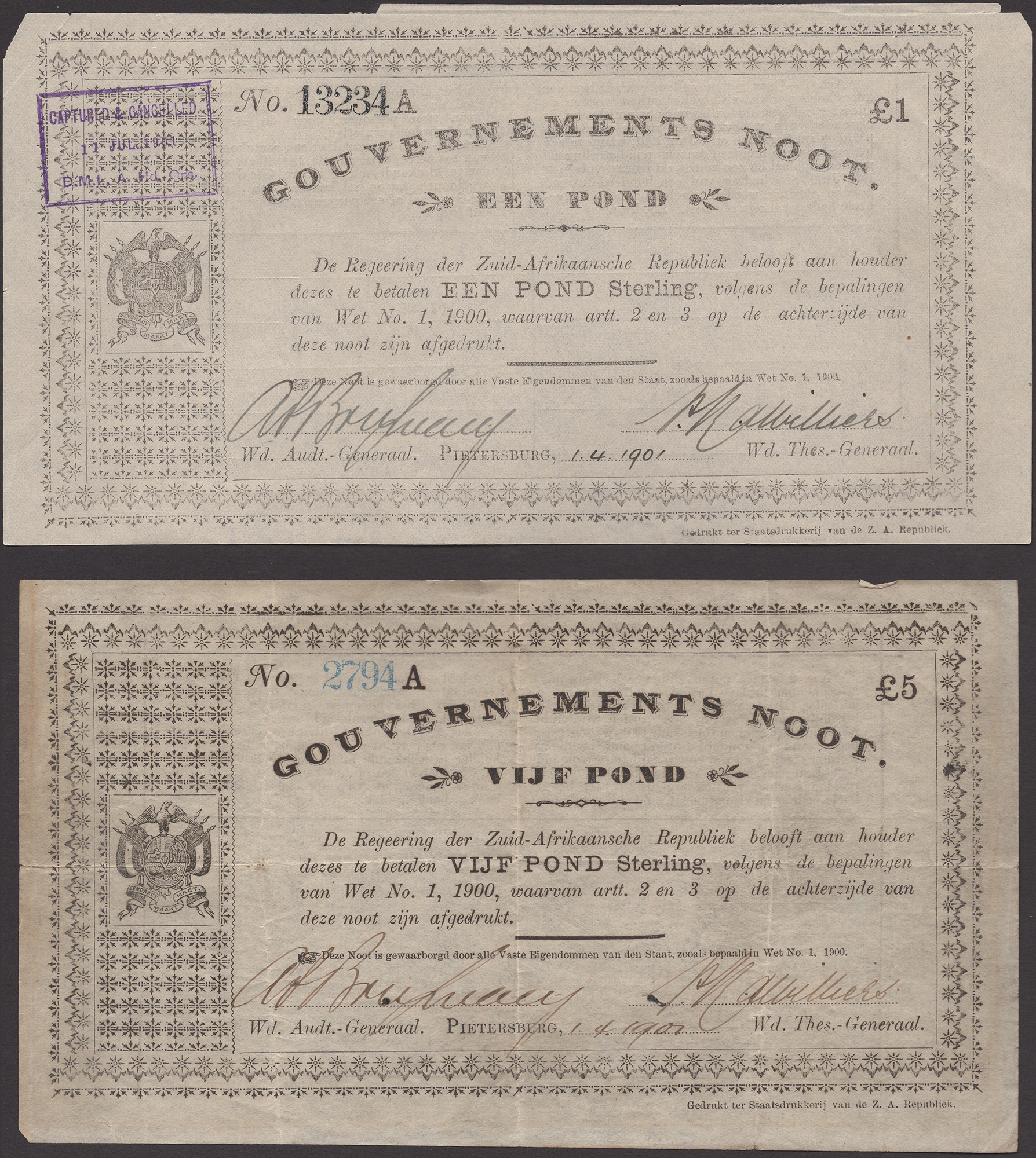 Gouvernements Noots, Â£1 and Â£5, Pietersburg, 1 April 1901, serial numbers 13234A and 2794A,...