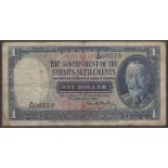 Government of the Straits Settlements, $1, 1 January 1931, serial number B/36 06510, Small s...